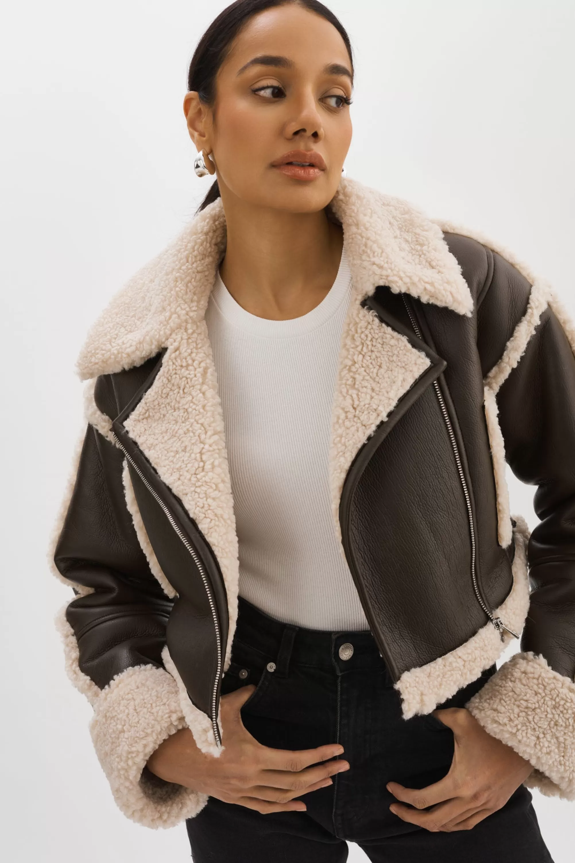 Fashion LAMARQUE ADRINA | Faux Shearling Crop Jacket Brown