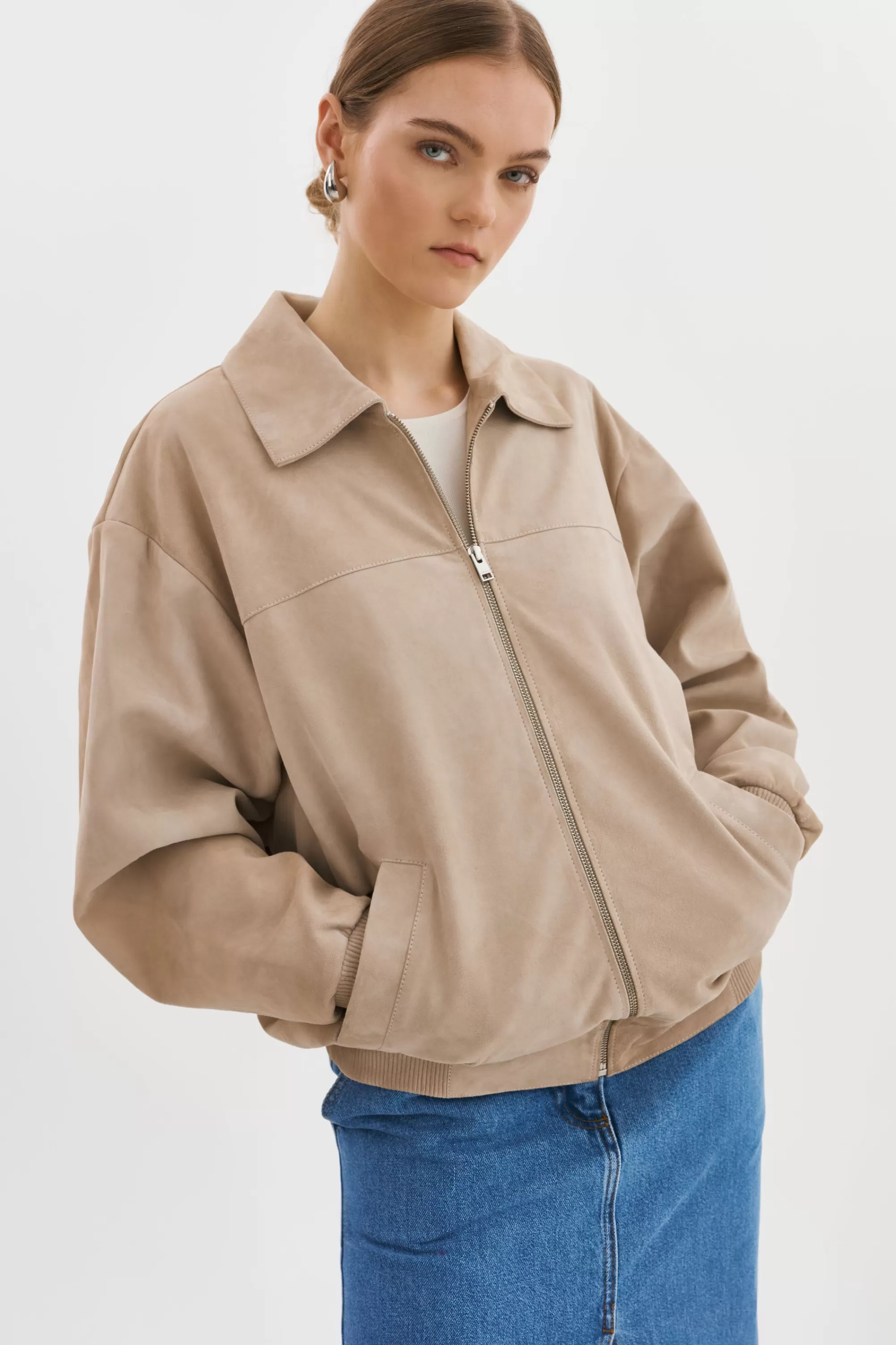 Shop LAMARQUE CADEN | Oversized Suede Bomber Jacket Sand