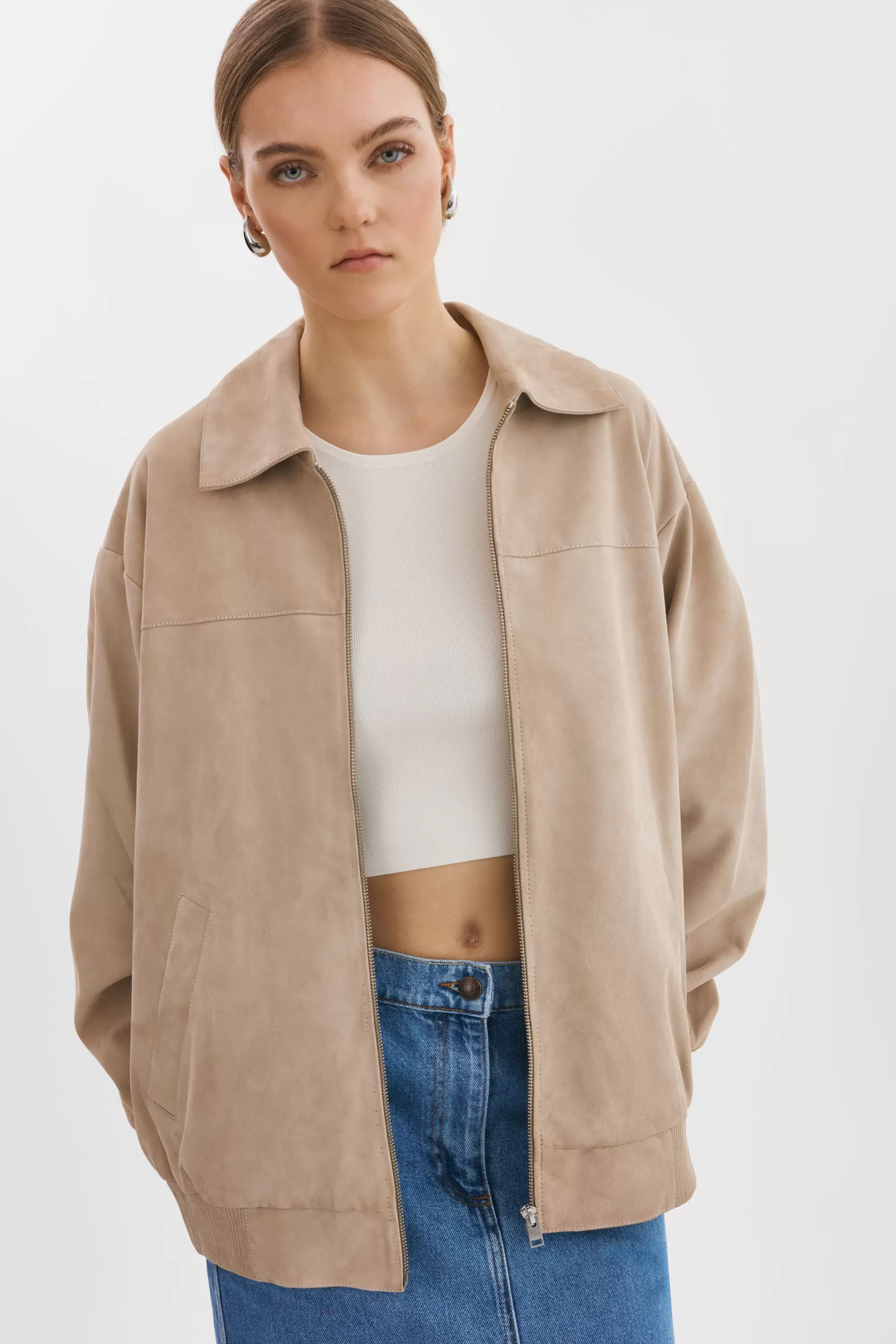 Shop LAMARQUE CADEN | Oversized Suede Bomber Jacket Sand