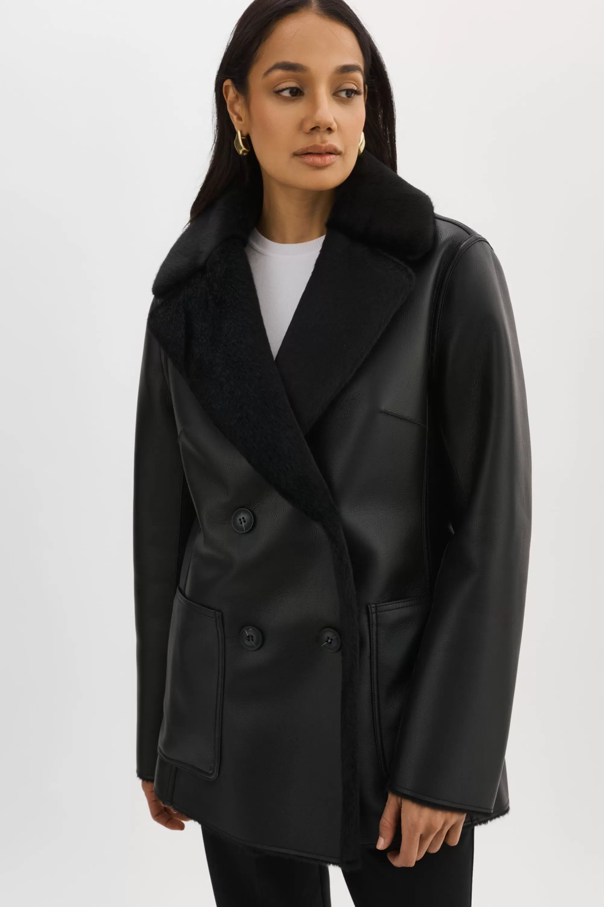 New LAMARQUE CAMILLE | Faux Shearling Reversible Coat Black