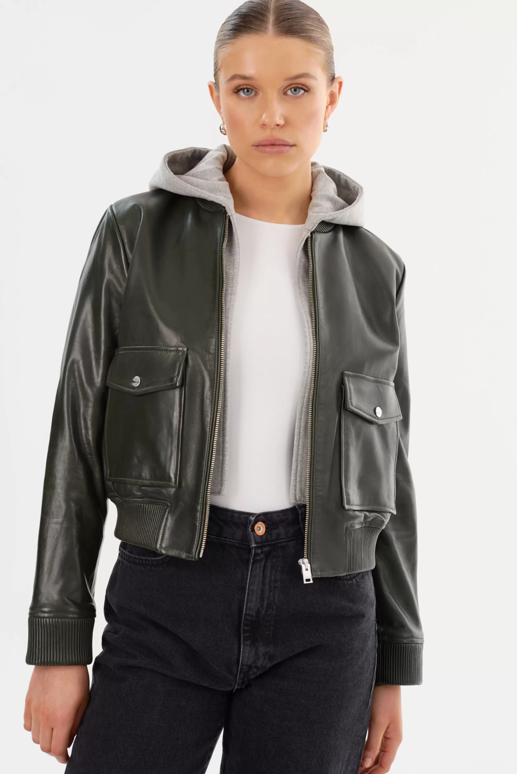 Outlet LAMARQUE CANDACE | Leather Bomber Jacket Dark Olive/Heather Grey