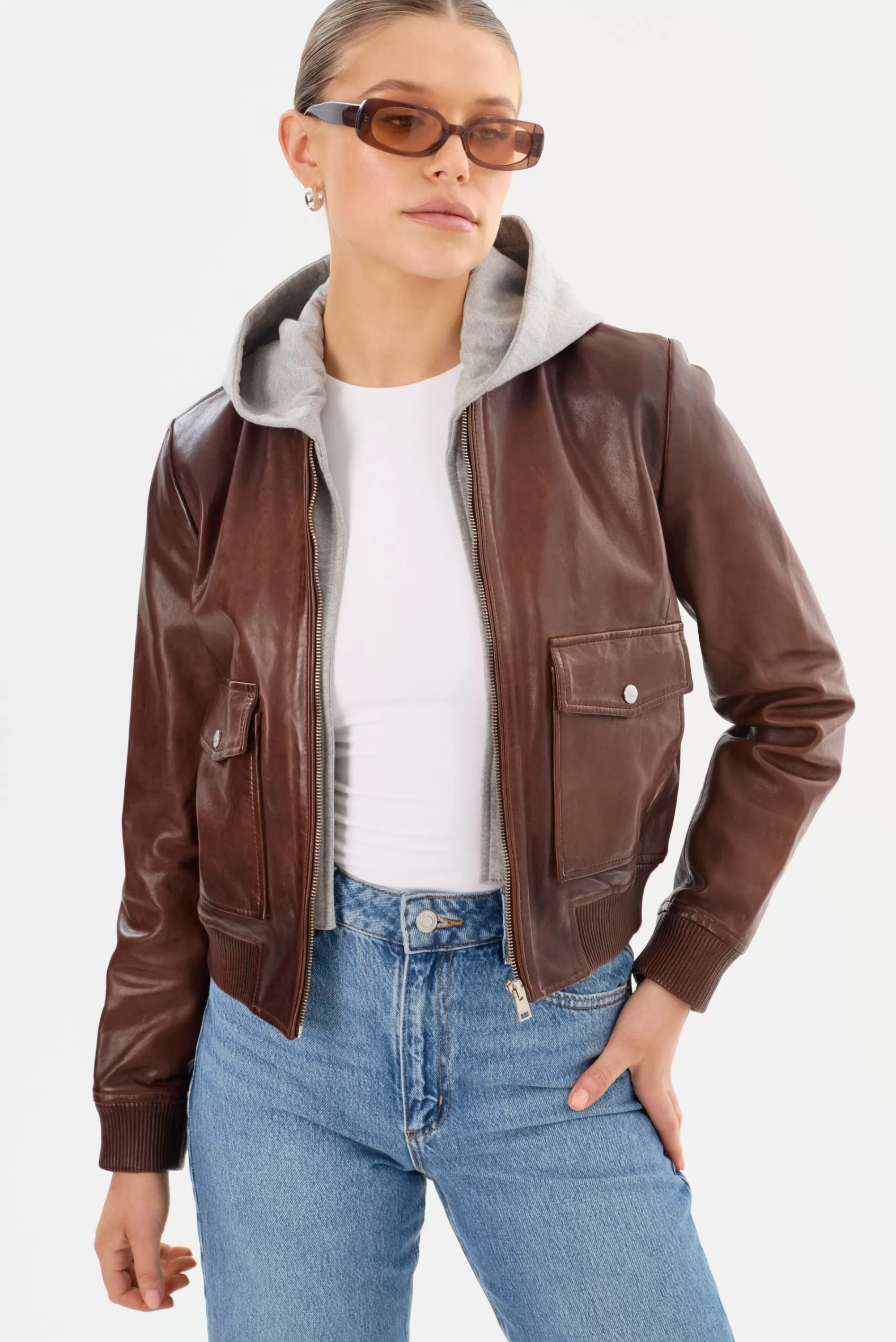 Outlet LAMARQUE CANDACE | Leather Bomber Jacket Chocolate Brown/Heather Grey