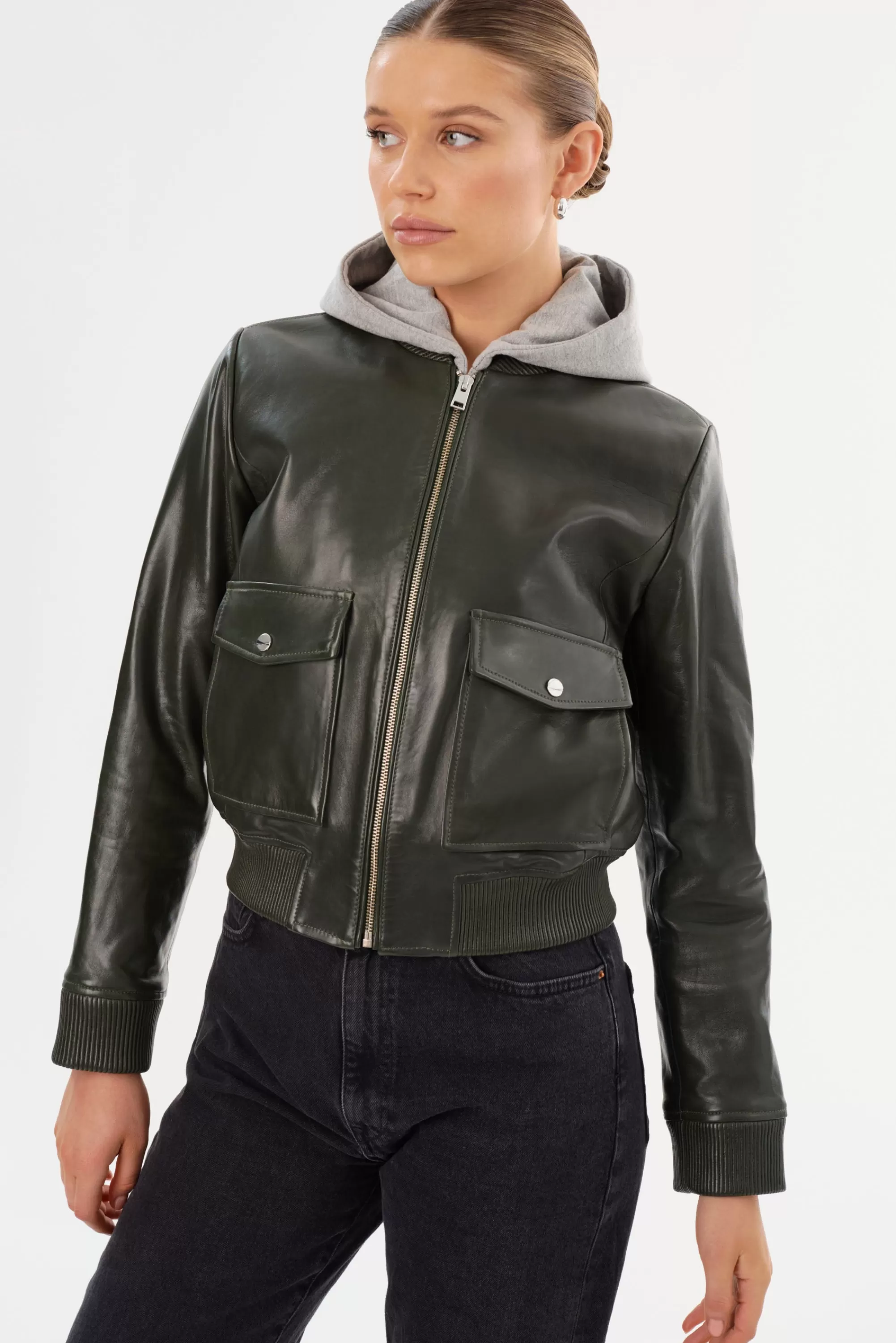 Outlet LAMARQUE CANDACE | Leather Bomber Jacket Dark Olive/Heather Grey