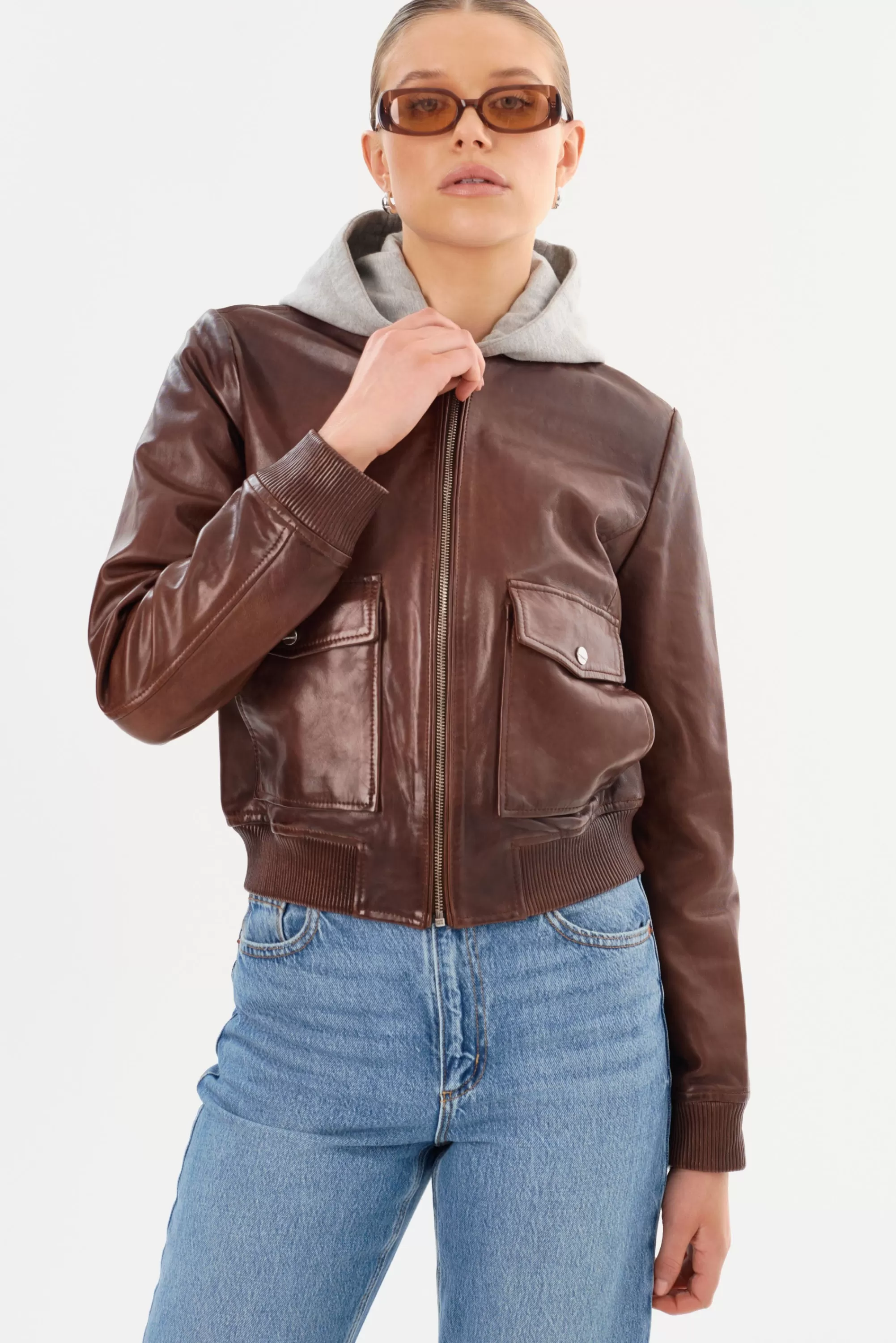 Outlet LAMARQUE CANDACE | Leather Bomber Jacket Chocolate Brown/Heather Grey