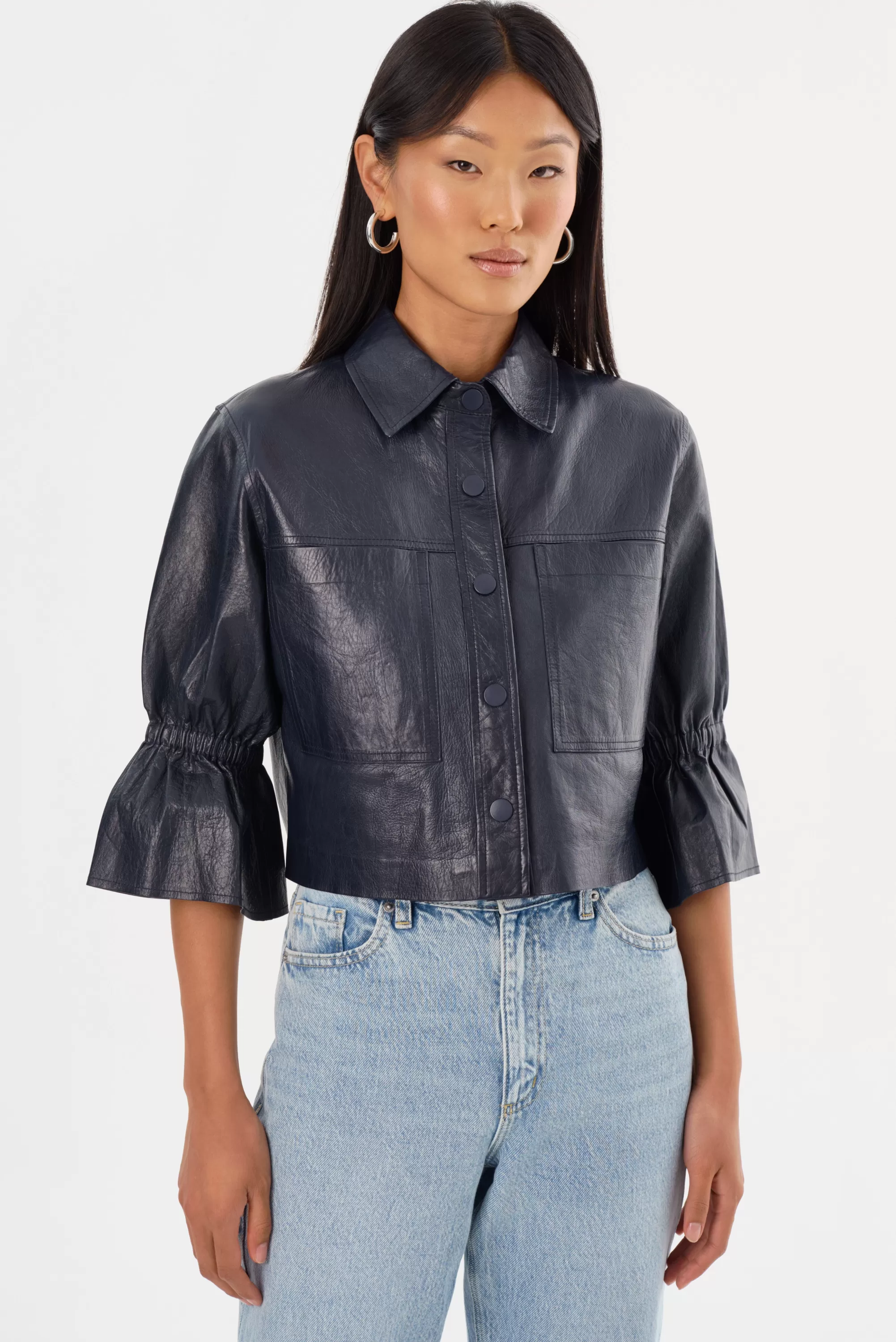 Clearance LAMARQUE CAROLINA | Leather Ruffle Sleeve Jacket Navy