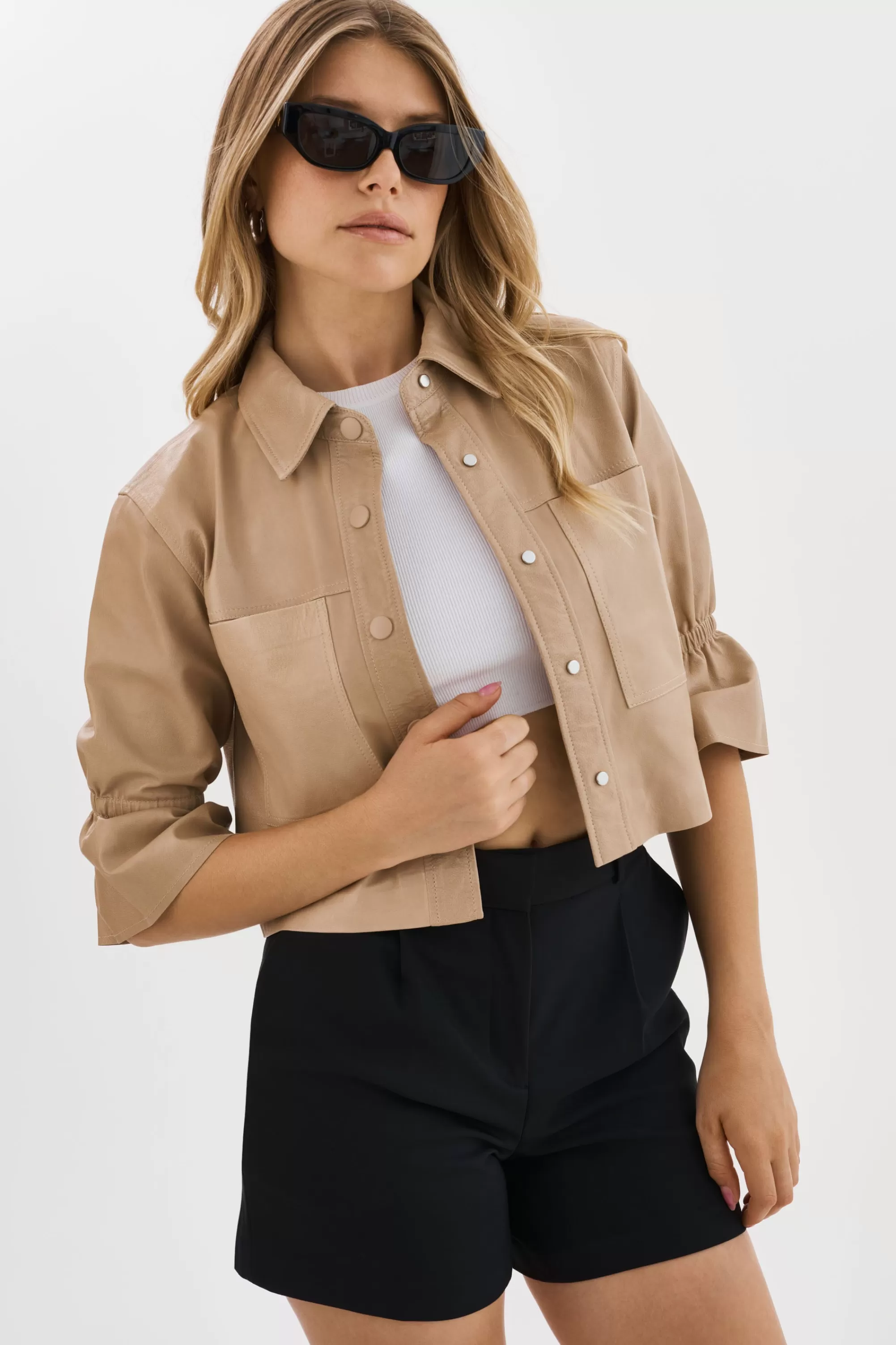 Best LAMARQUE CAROLINA | Leather Ruffle Sleeve Jacket Beige