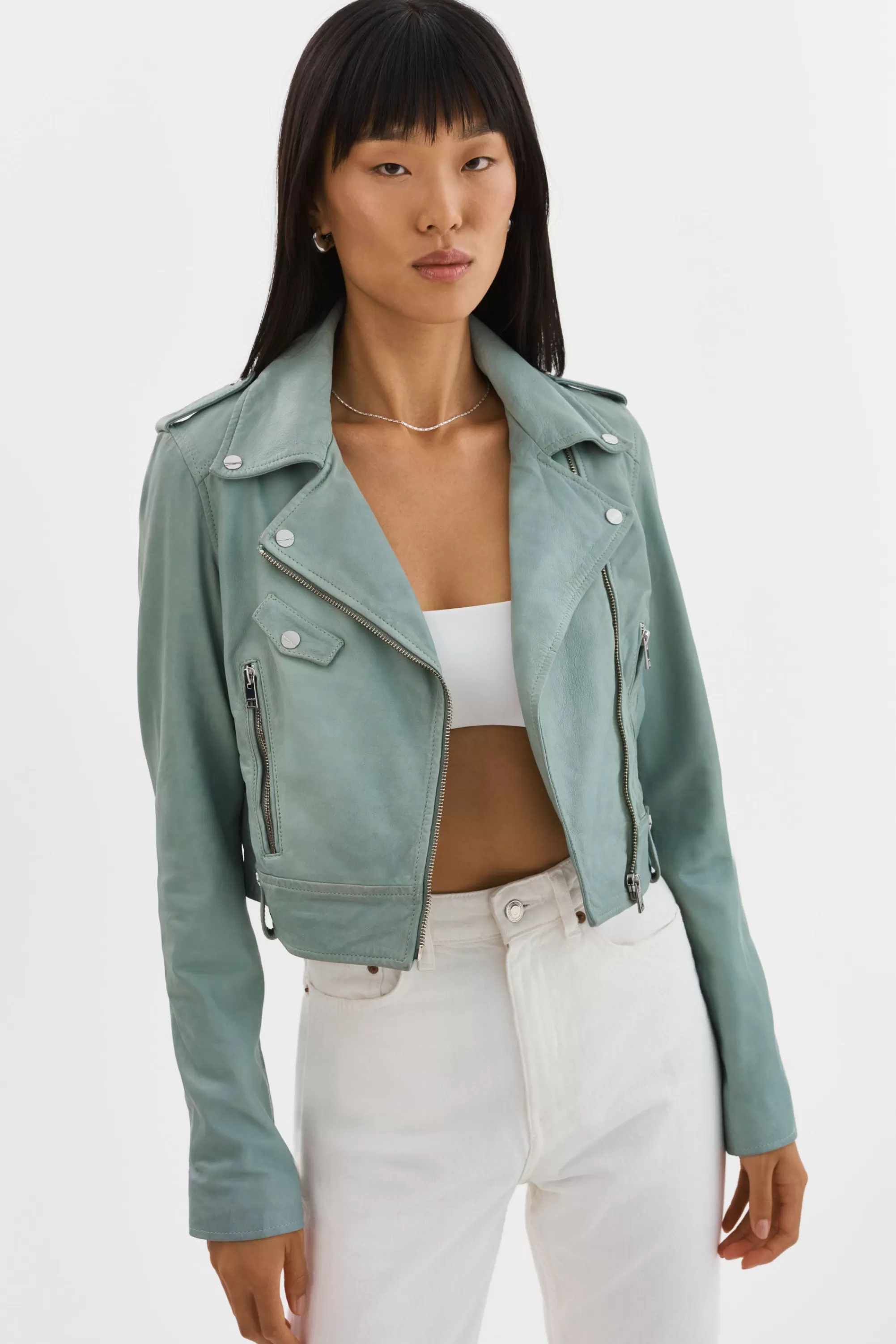 Clearance LAMARQUE CIARA | Cropped Leather Biker Jacket Eucalyptus