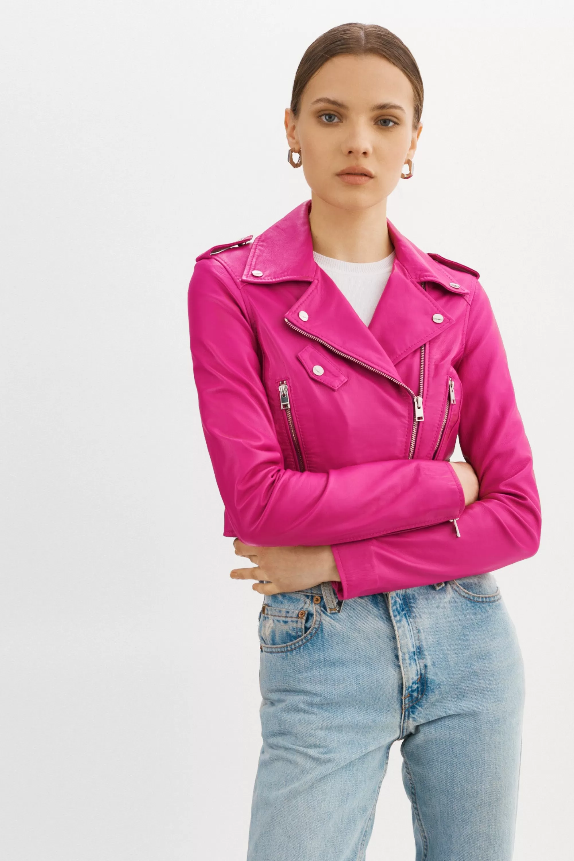 Online LAMARQUE CIARA | Cropped Leather Biker Jacket Fuchsia