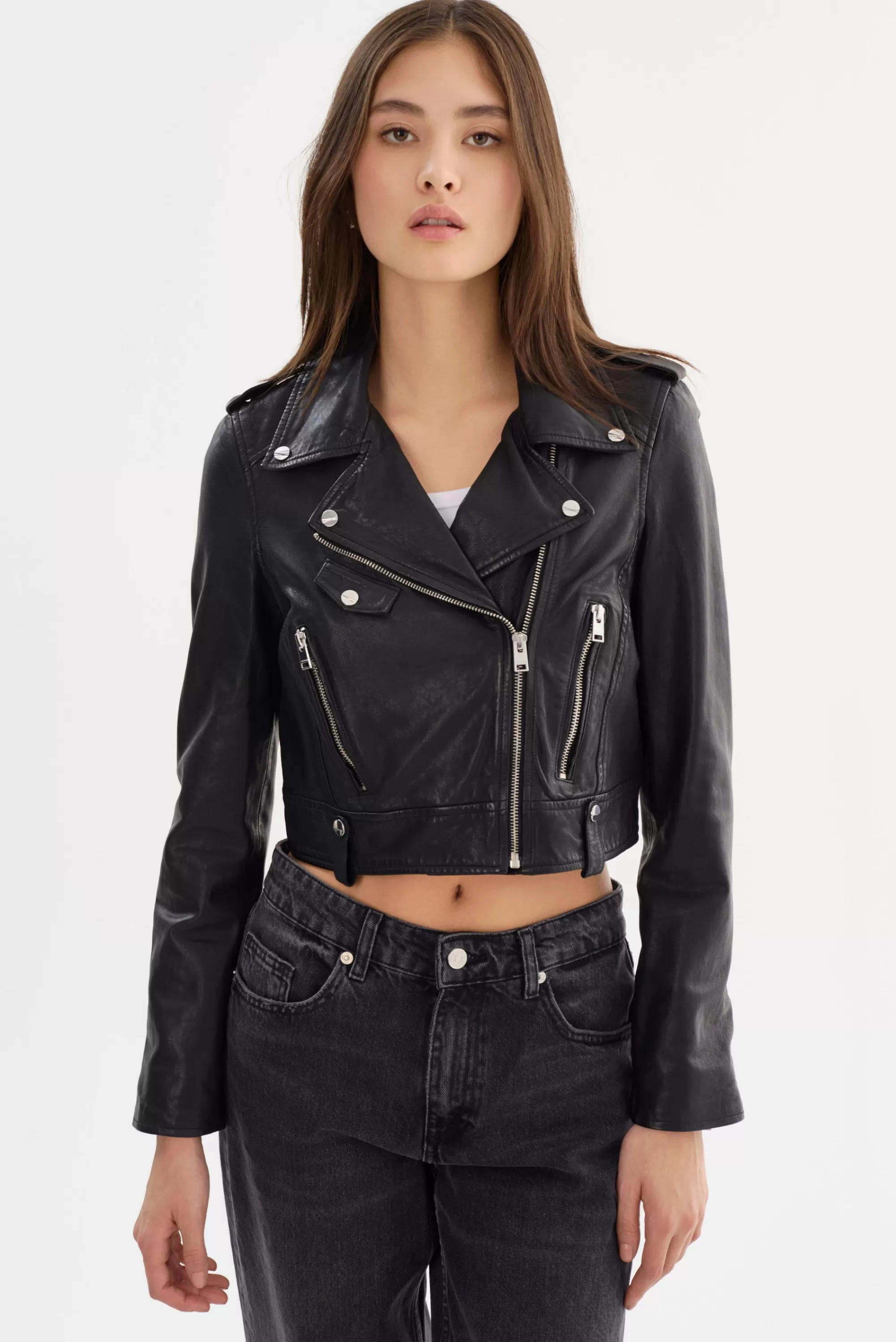 New LAMARQUE CIARA | Cropped Leather Biker Jacket Black