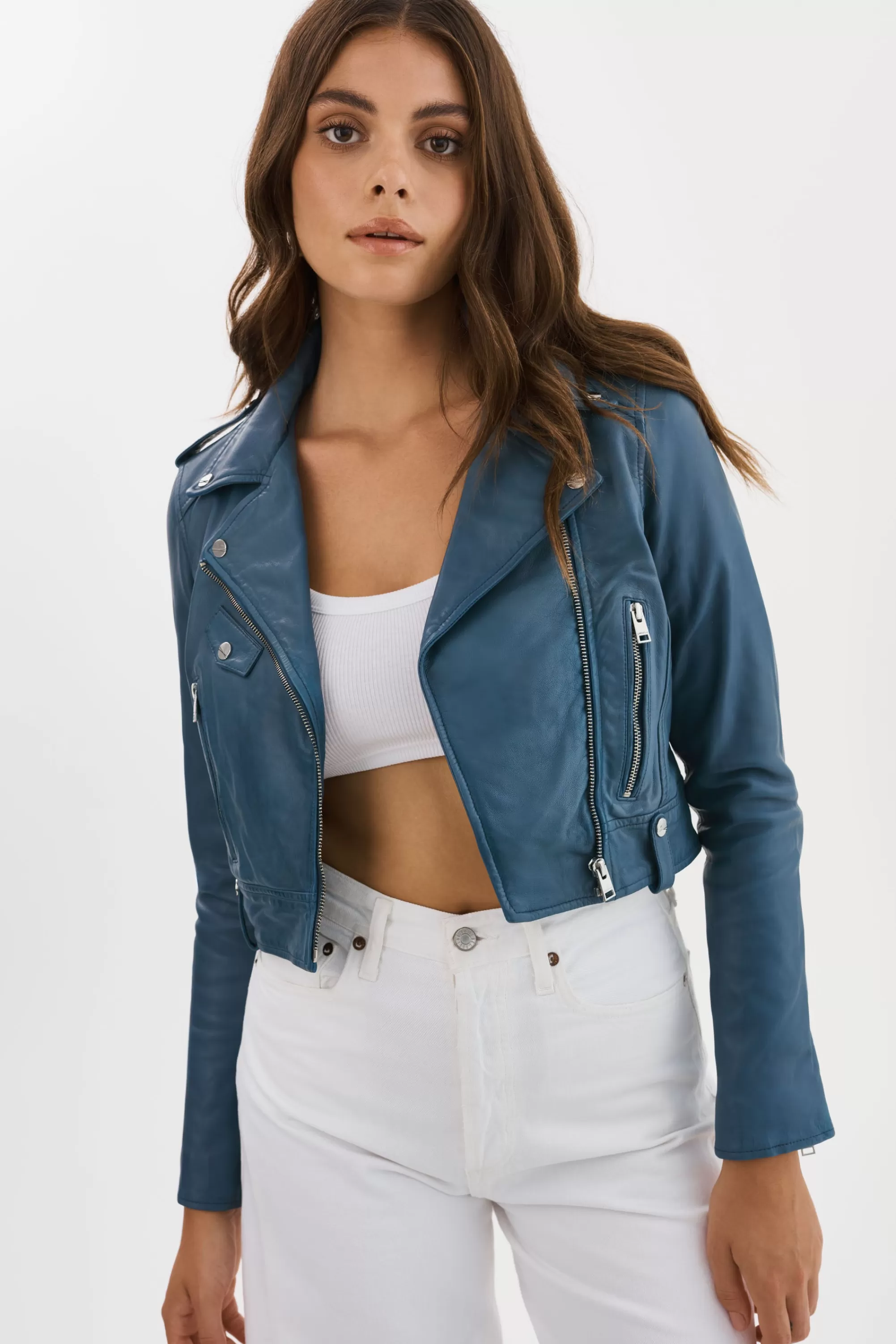 Flash Sale LAMARQUE CIARA | Cropped Leather Biker Jacket Slate Blue