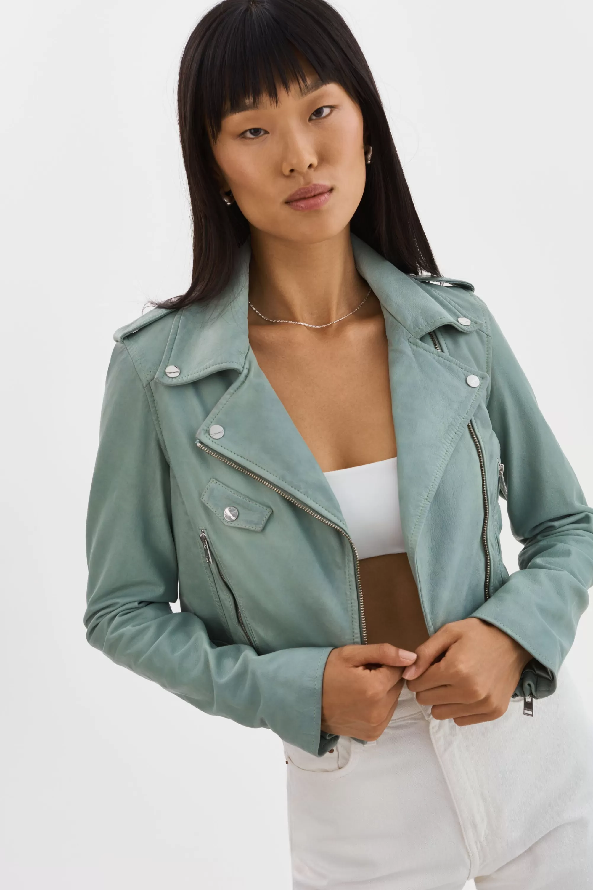 Clearance LAMARQUE CIARA | Cropped Leather Biker Jacket Eucalyptus