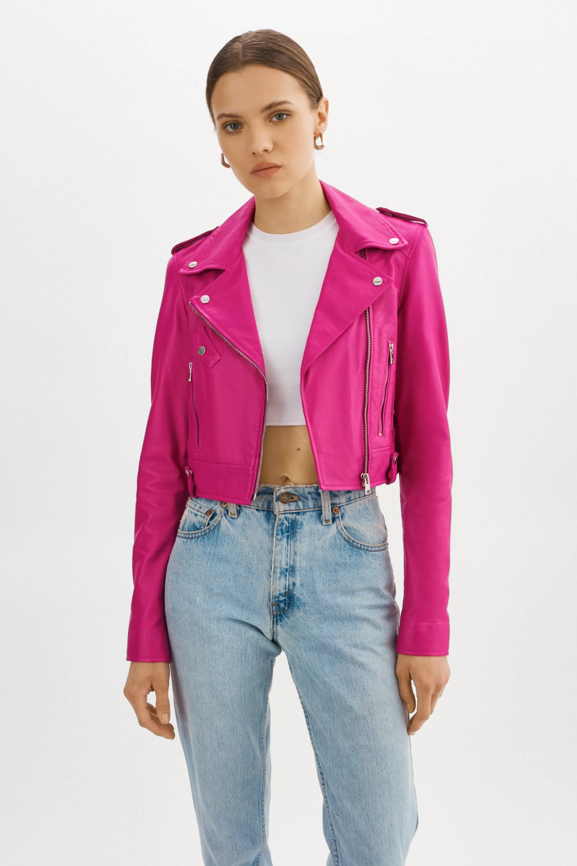 Online LAMARQUE CIARA | Cropped Leather Biker Jacket Fuchsia