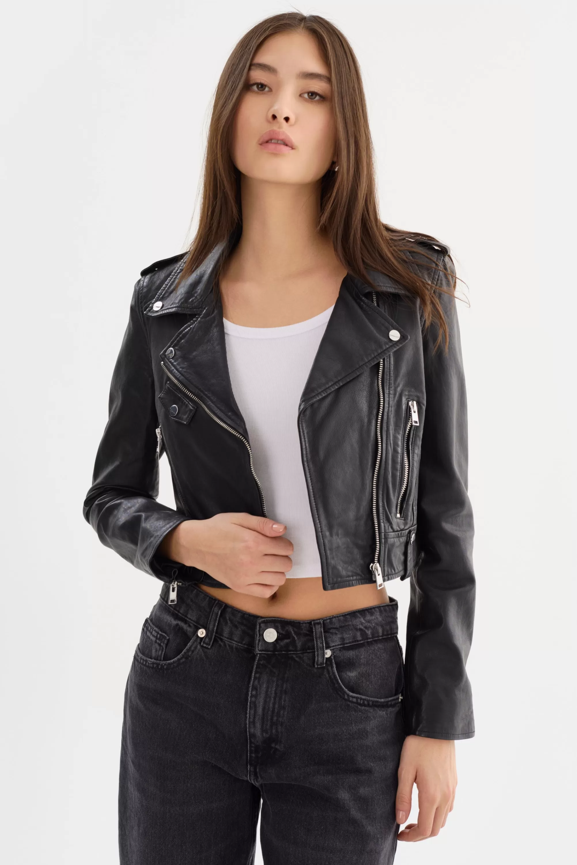 New LAMARQUE CIARA | Cropped Leather Biker Jacket Black