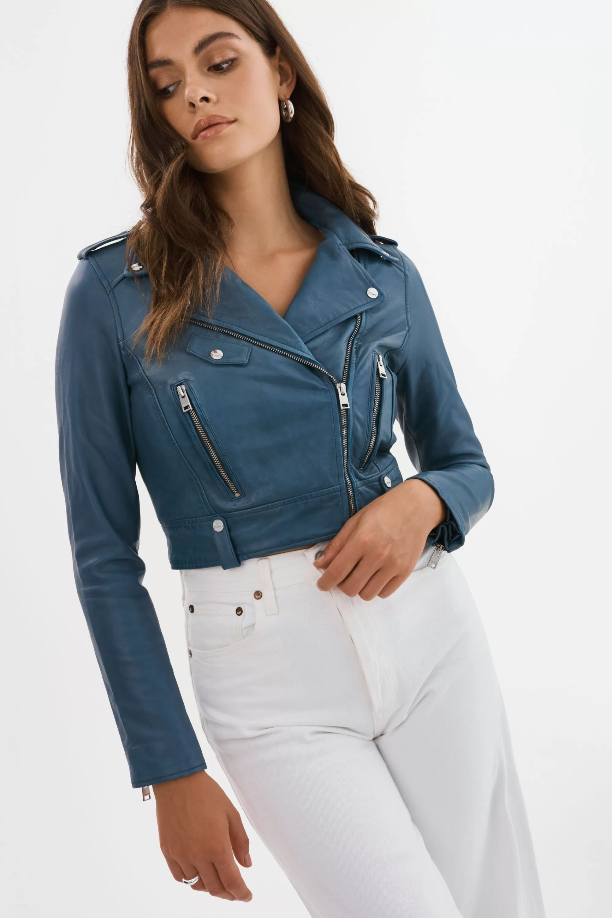 Flash Sale LAMARQUE CIARA | Cropped Leather Biker Jacket Slate Blue