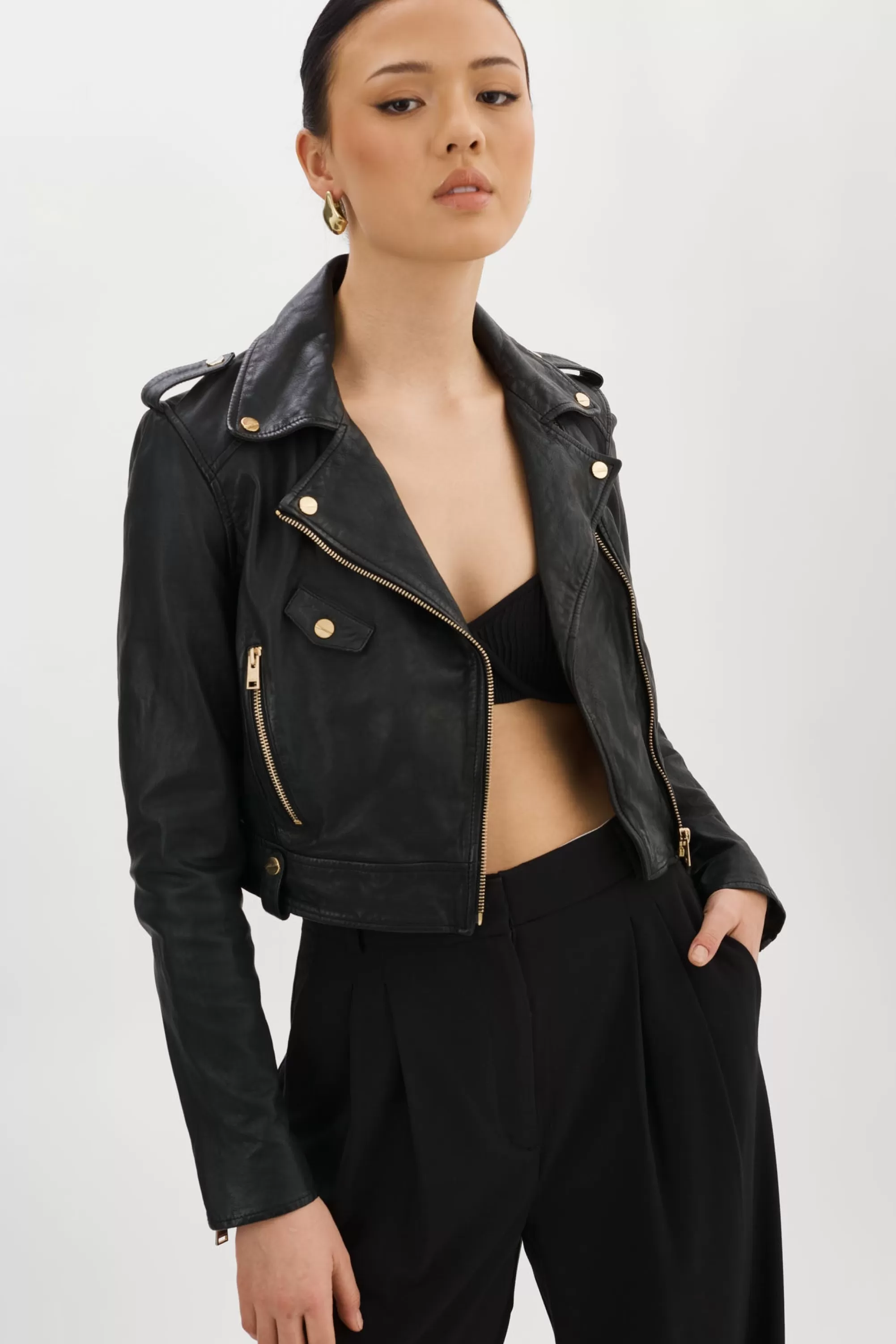 Flash Sale LAMARQUE CIARA GOLD | Cropped Leather Biker Jacket Black