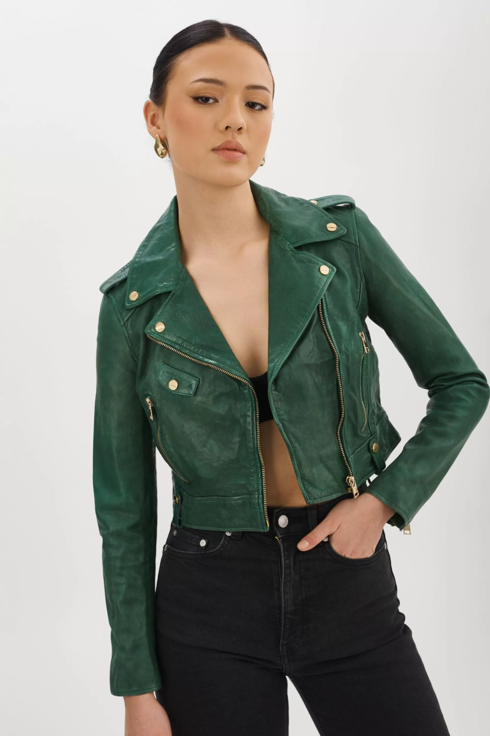 Best LAMARQUE CIARA GOLD | Cropped Leather Biker Jacket Bottle Green