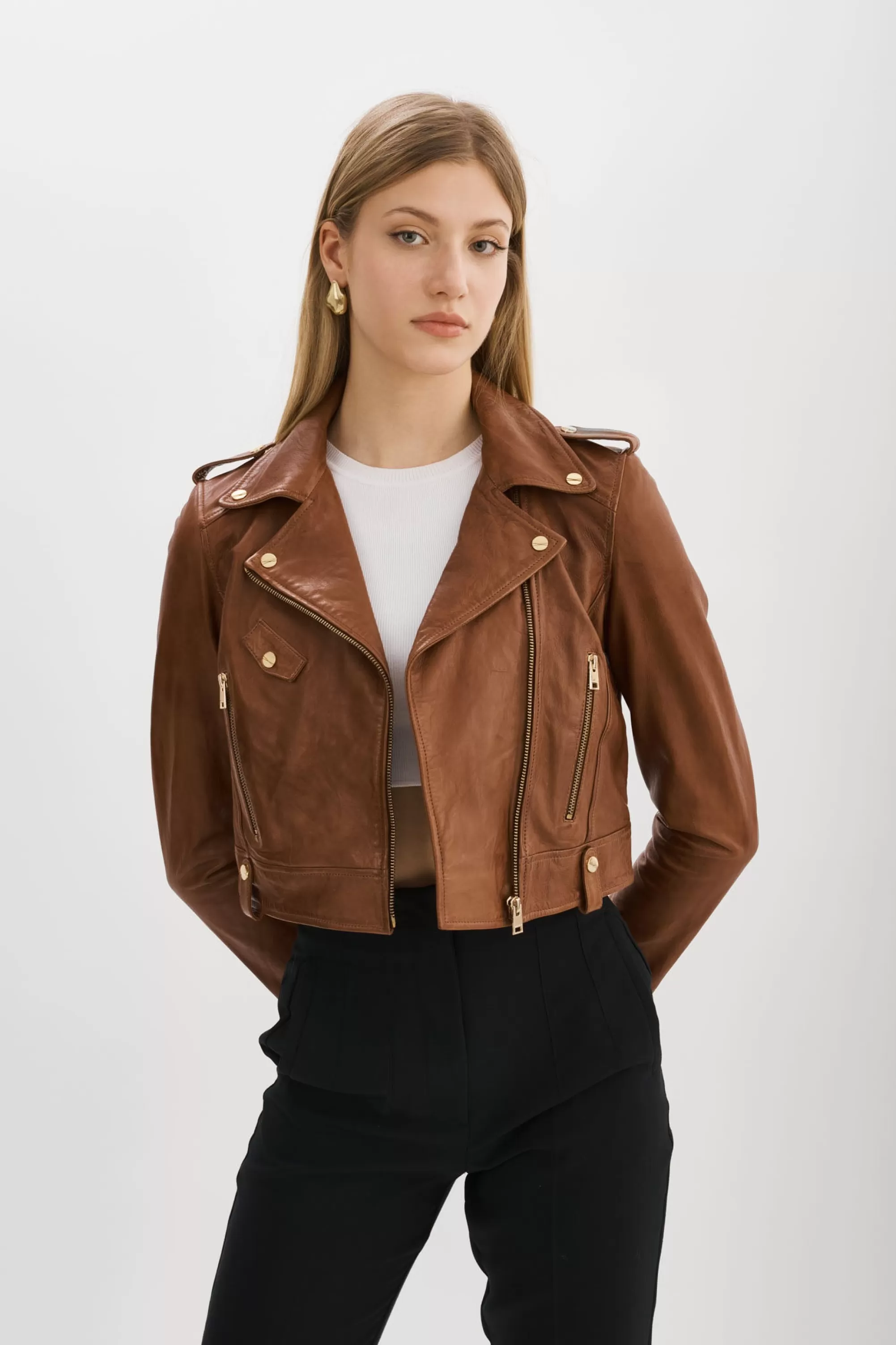 Discount LAMARQUE CIARA GOLD | Cropped Leather Biker Jacket Luggage