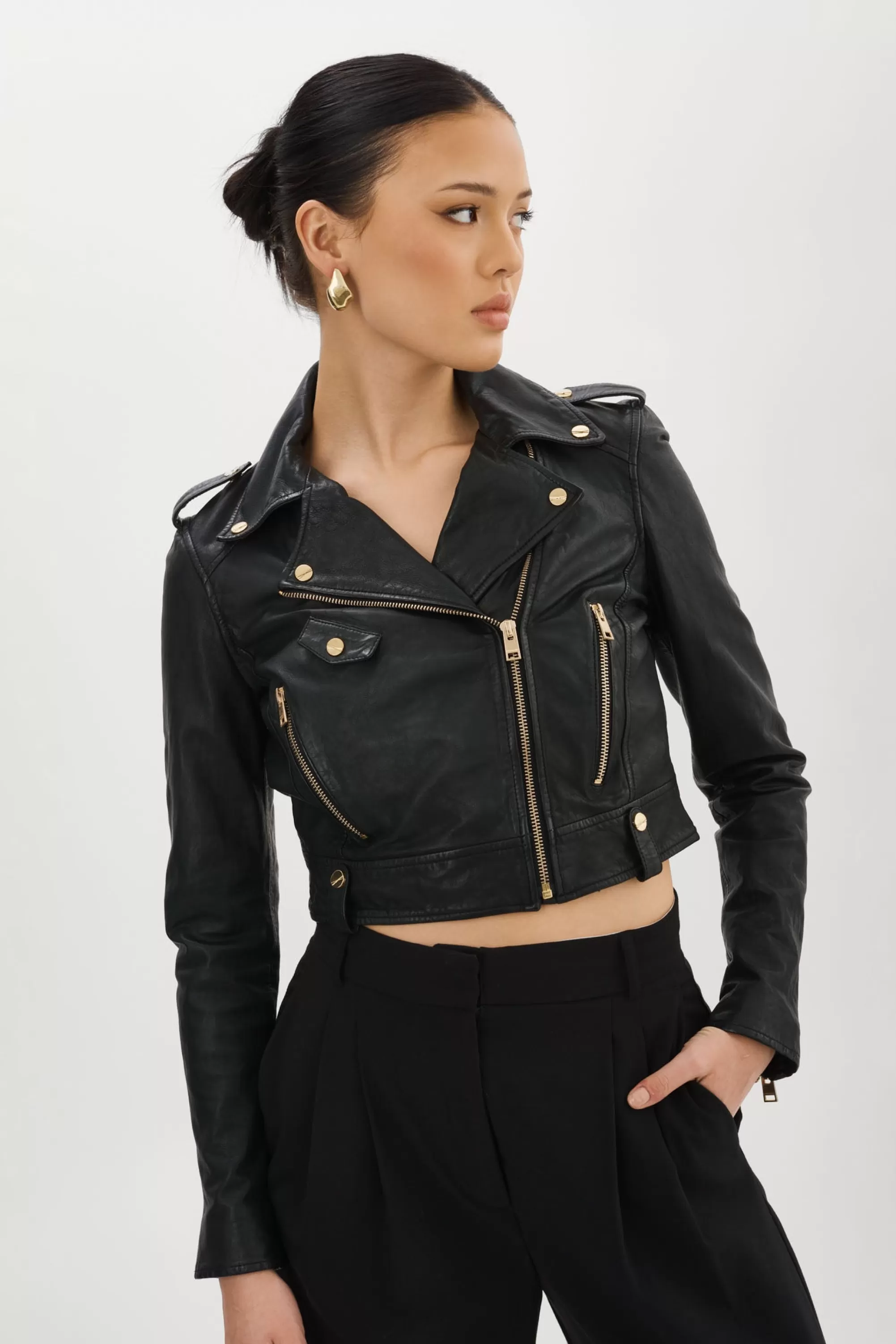 Flash Sale LAMARQUE CIARA GOLD | Cropped Leather Biker Jacket Black