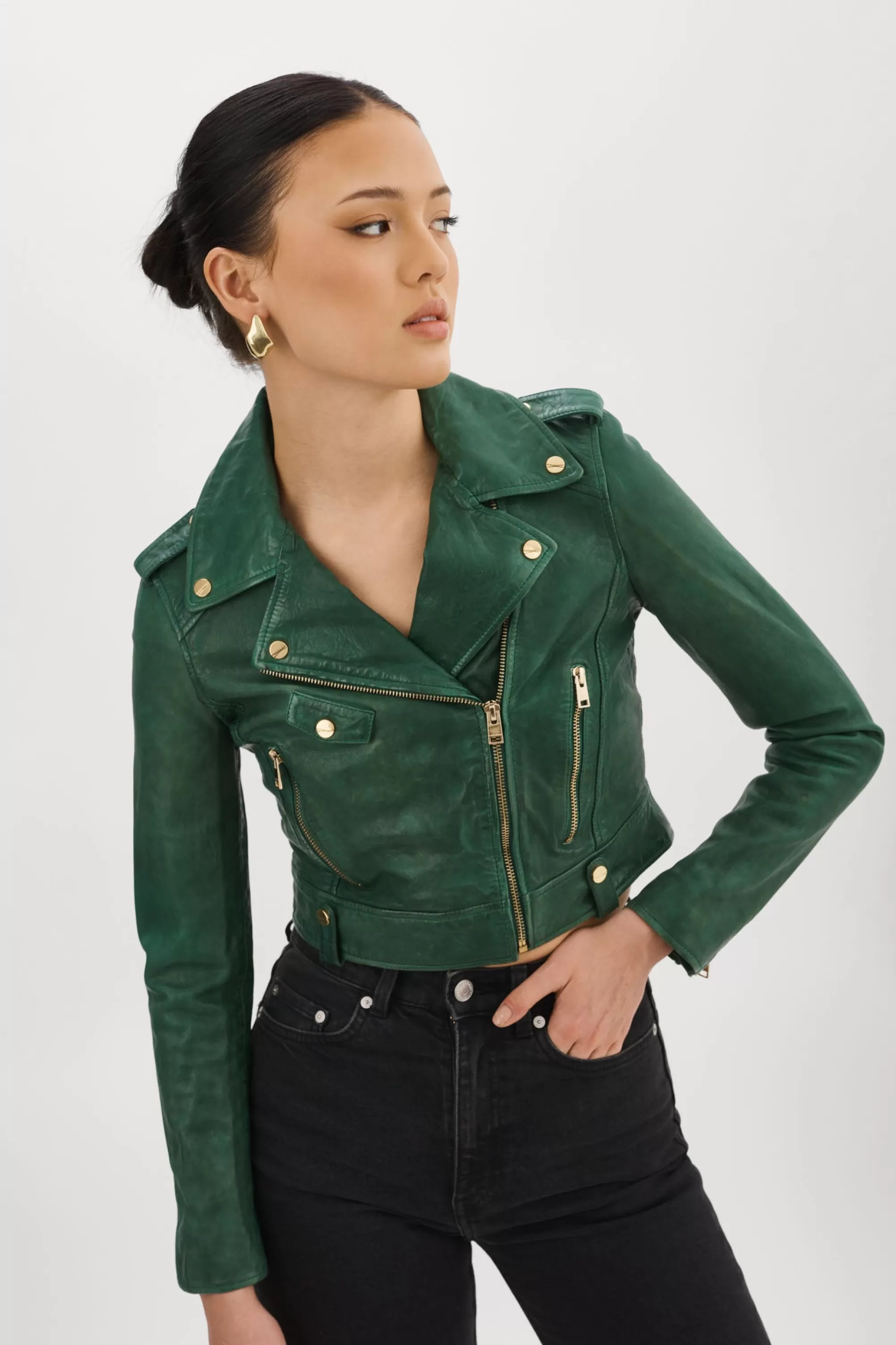 Best LAMARQUE CIARA GOLD | Cropped Leather Biker Jacket Bottle Green