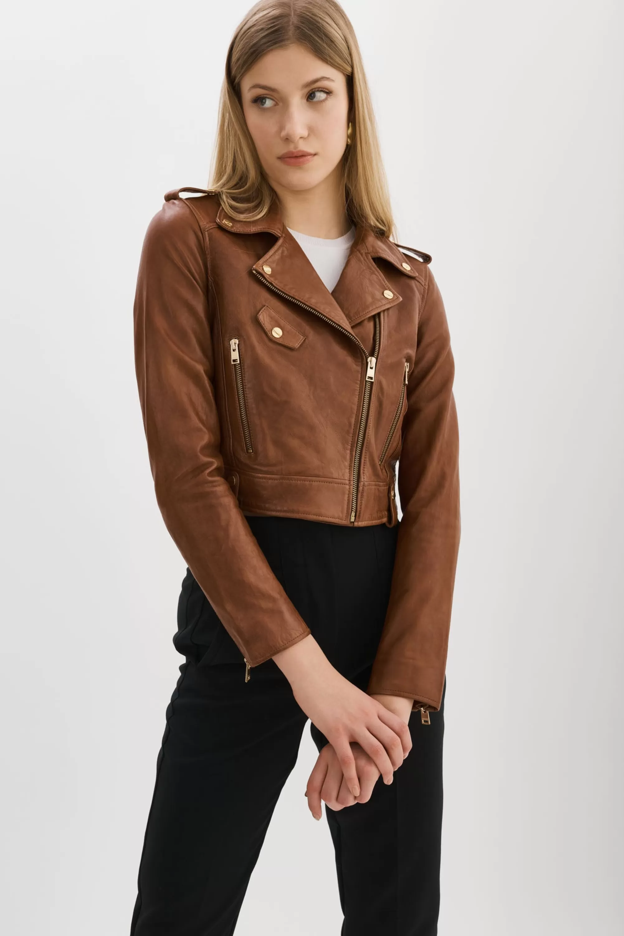 Discount LAMARQUE CIARA GOLD | Cropped Leather Biker Jacket Luggage