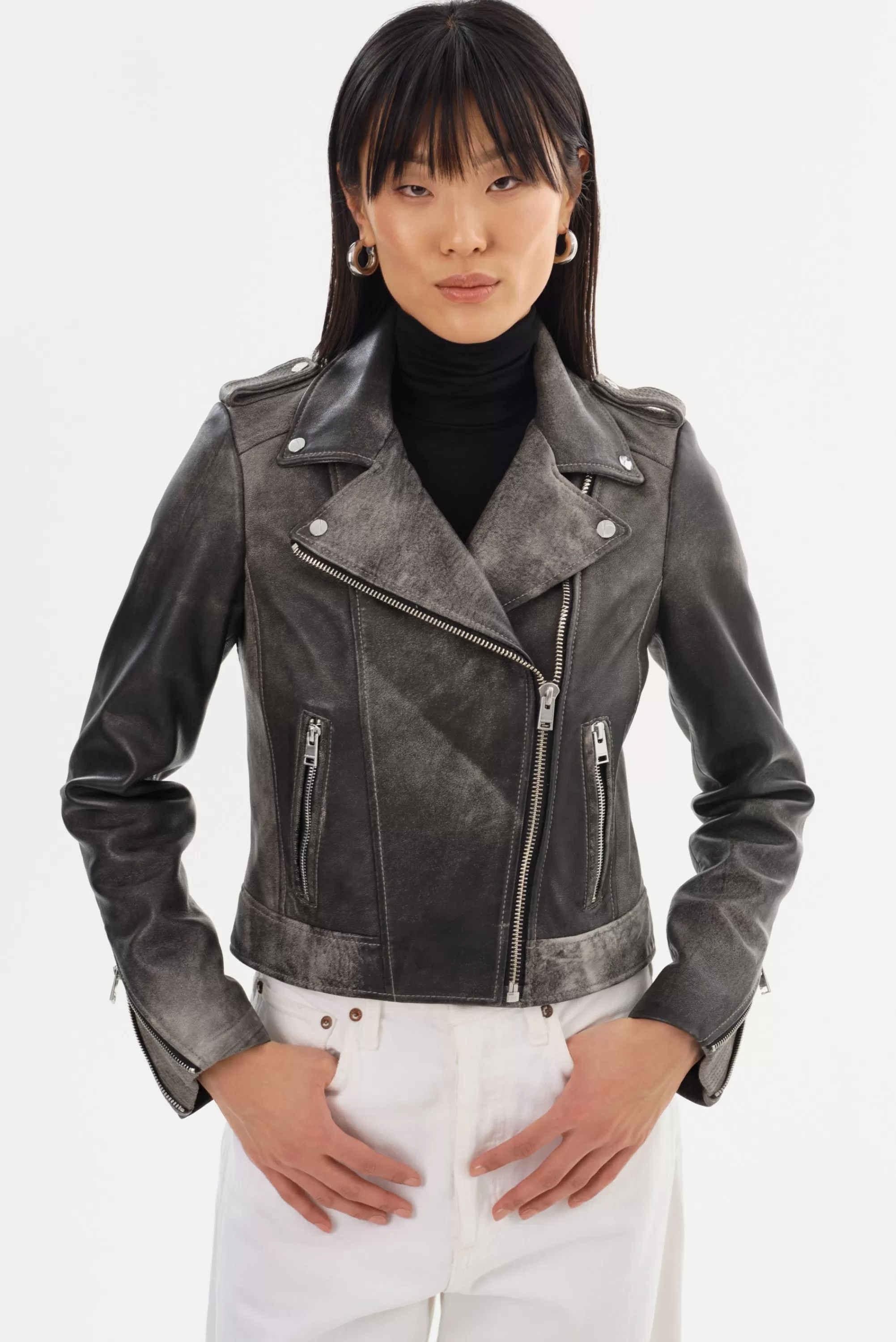 Discount LAMARQUE DONNA | Iconic Leather Biker Jacket Fossil Grey