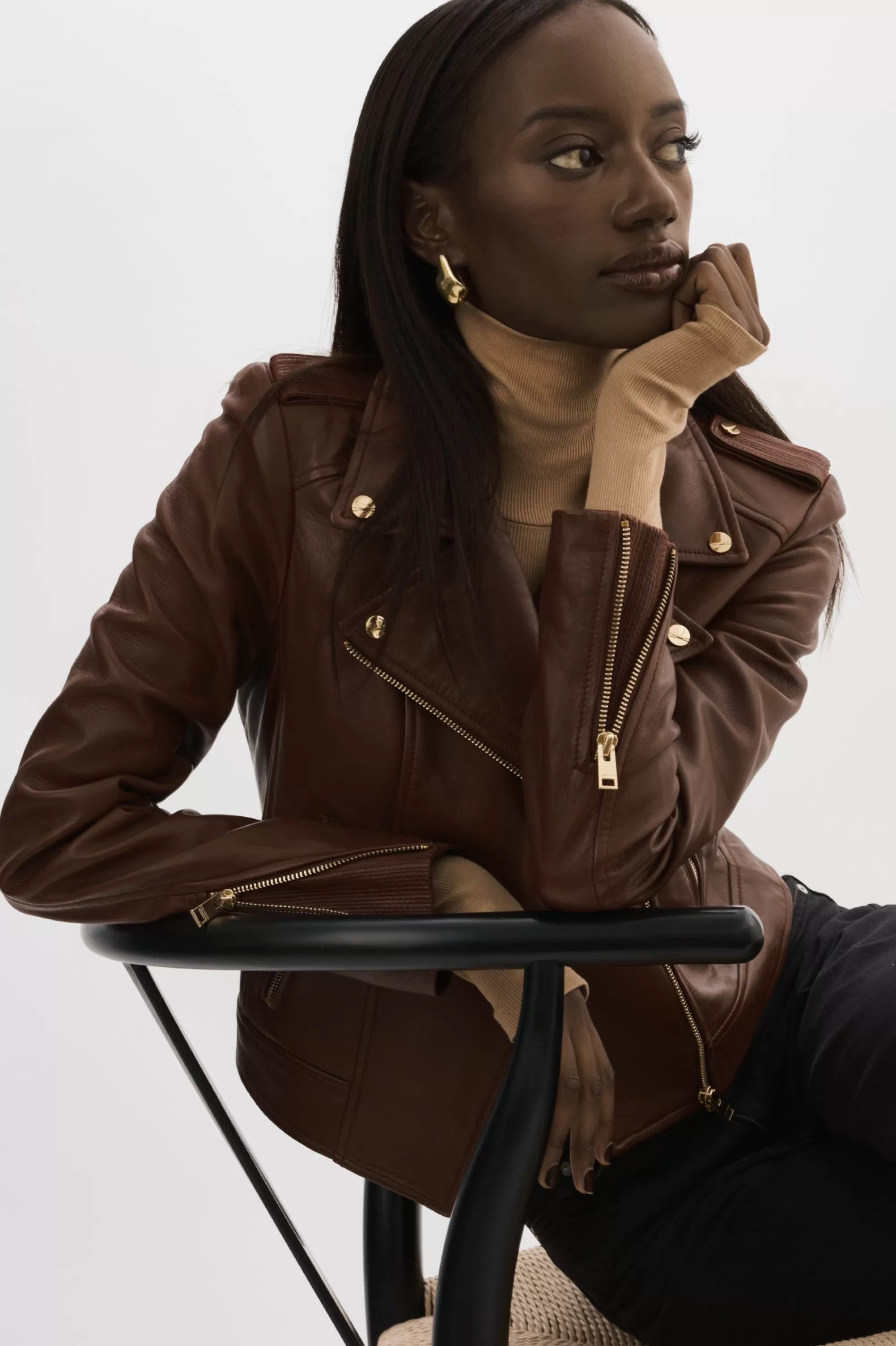 New LAMARQUE DONNA GOLD | Iconic Leather Biker Jacket Chocolate