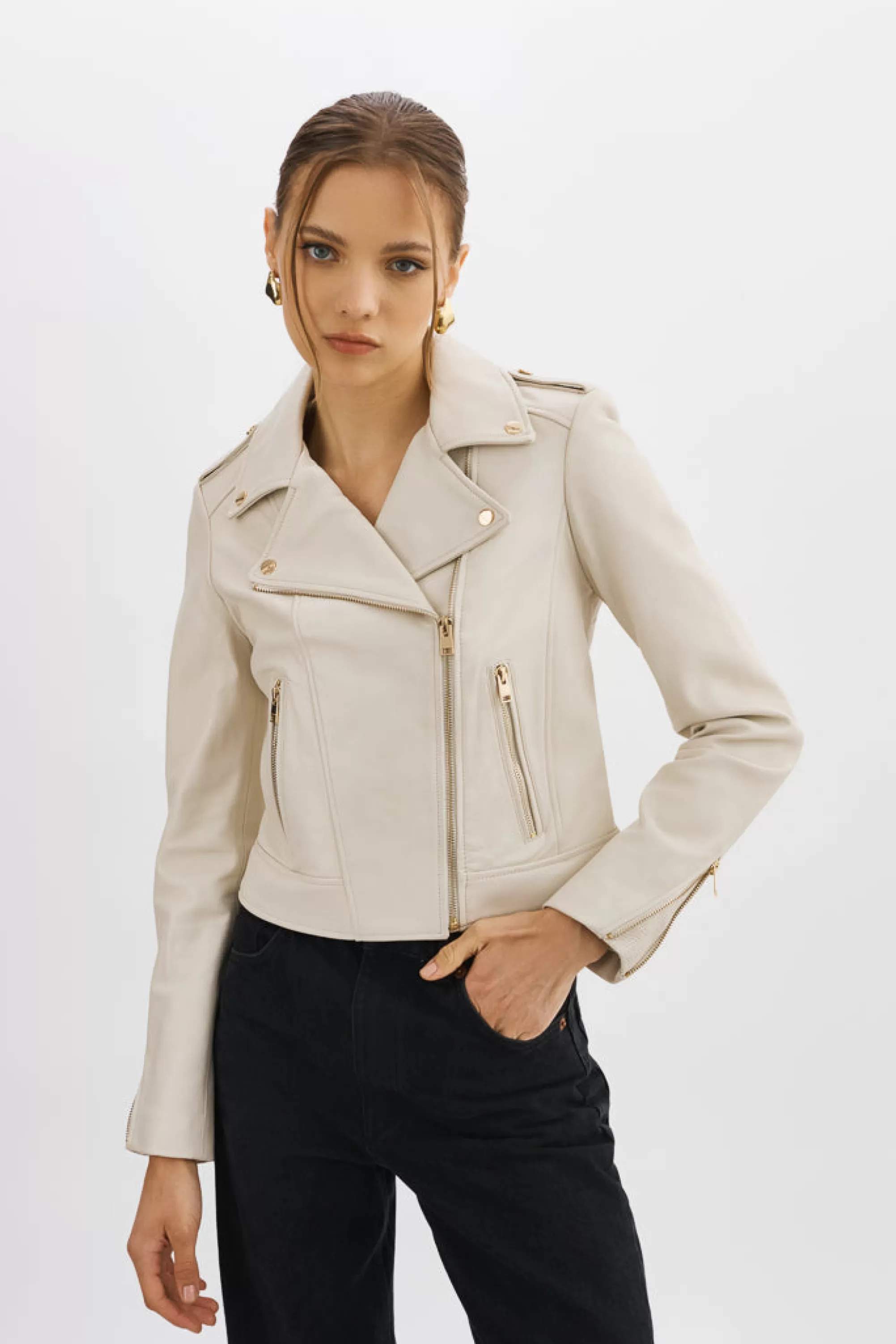 New LAMARQUE DONNA GOLD | Iconic Leather Biker Jacket Bone