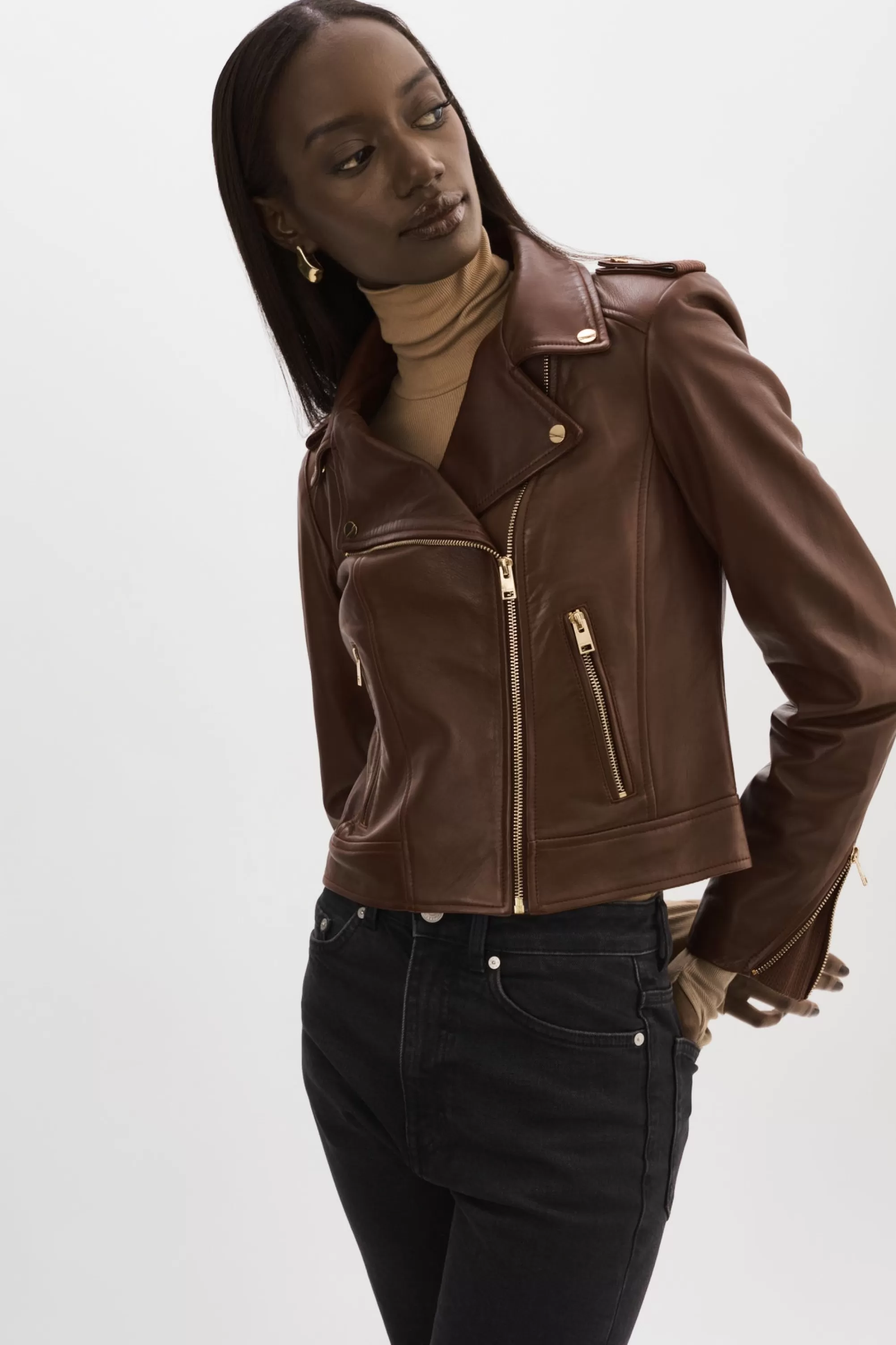 New LAMARQUE DONNA GOLD | Iconic Leather Biker Jacket Chocolate