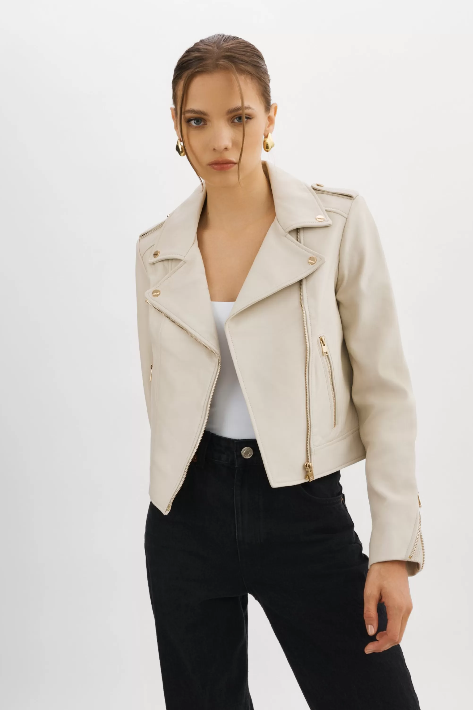 New LAMARQUE DONNA GOLD | Iconic Leather Biker Jacket Bone