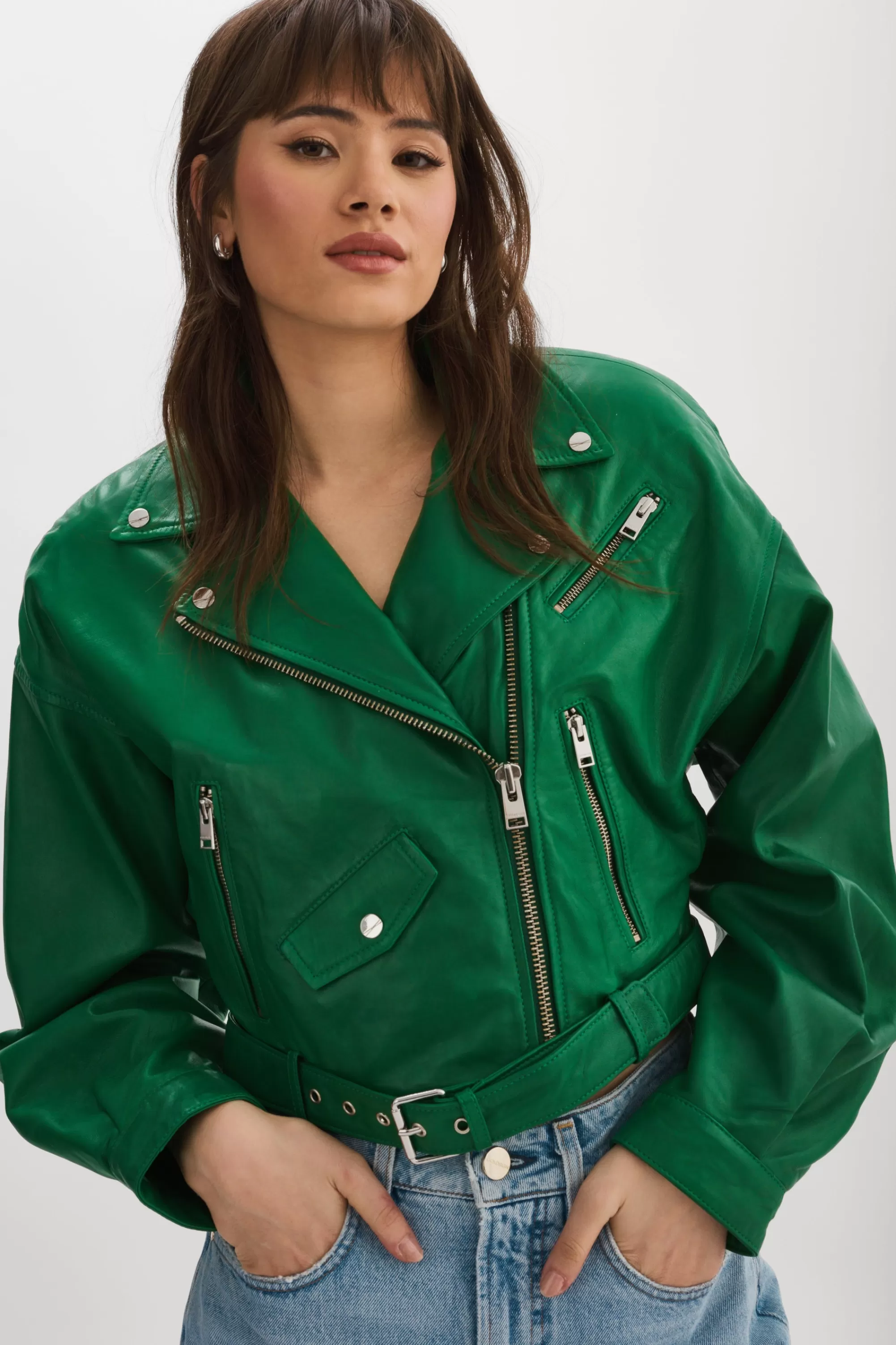 Cheap LAMARQUE DYLAN | 80's Leather Biker Jacket VIBRANT GREEN