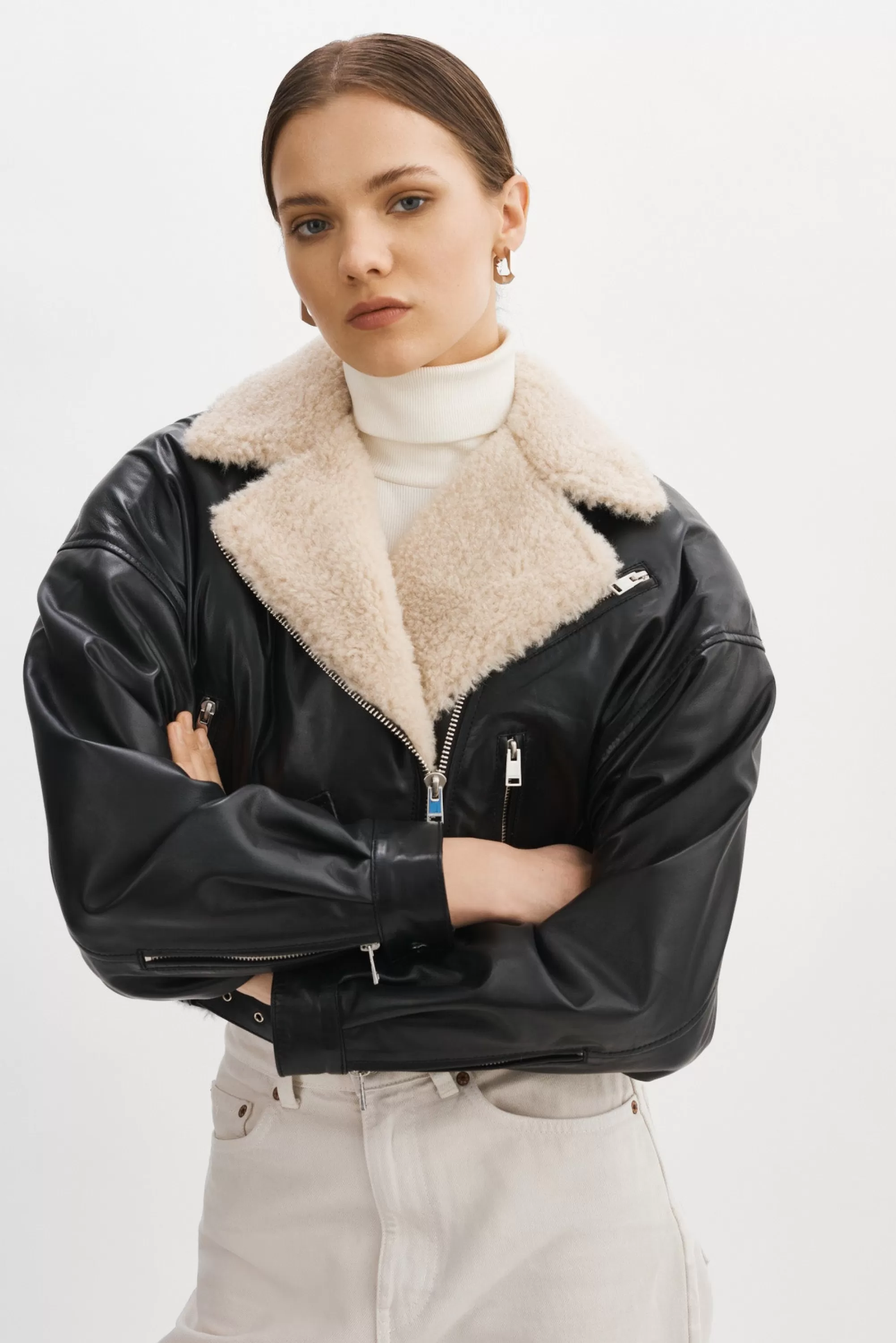 Store LAMARQUE DYLAN | 80's Sherpa Leather Biker Jacket Black/Ecru