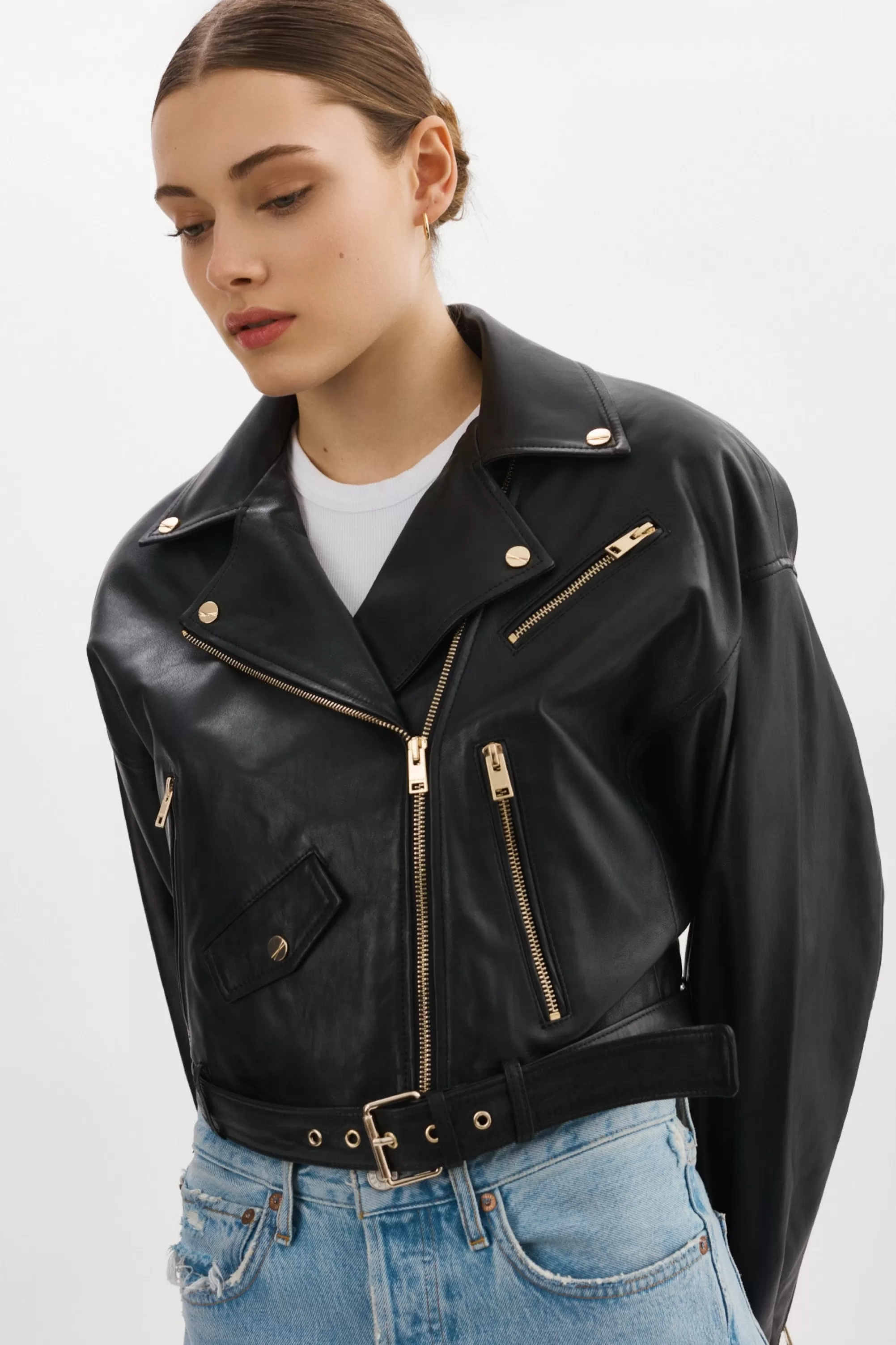 Cheap LAMARQUE DYLAN GOLD | 80's Leather Biker Jacket Black