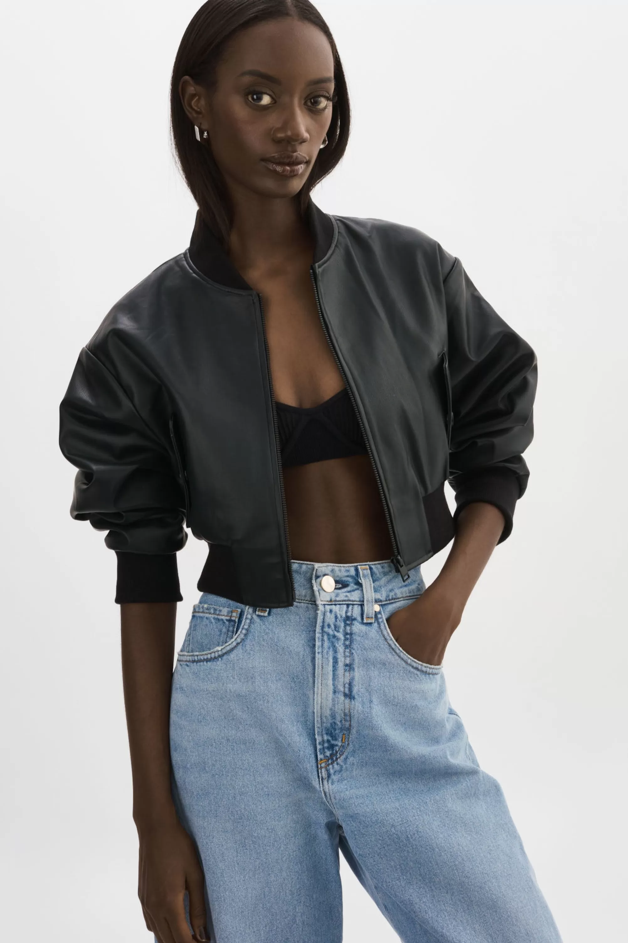 Discount LAMARQUE EVELIN | Faux Leather Cropped Bomber Black