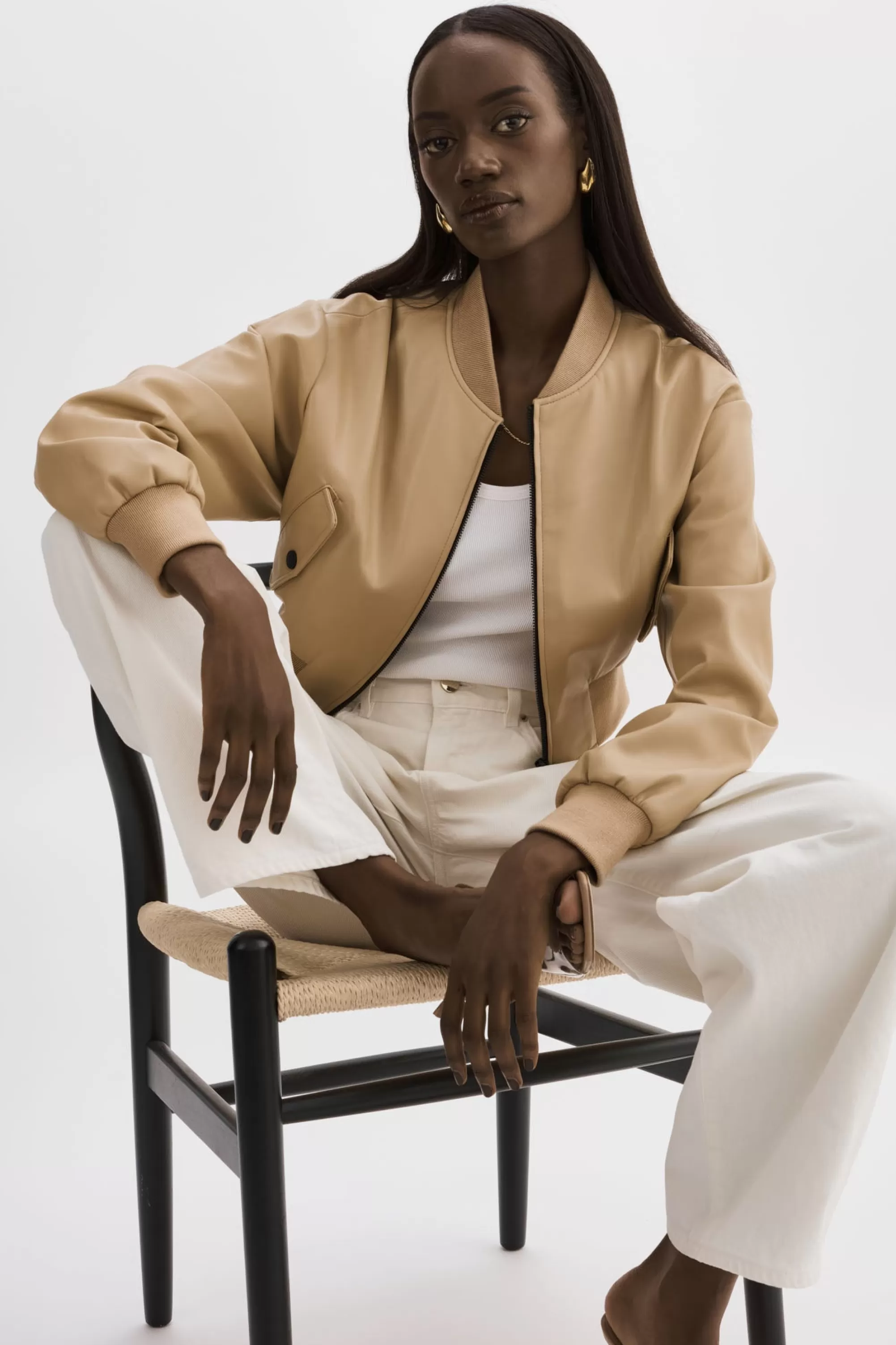 Shop LAMARQUE EVELIN | Faux Leather Cropped Bomber Wheat