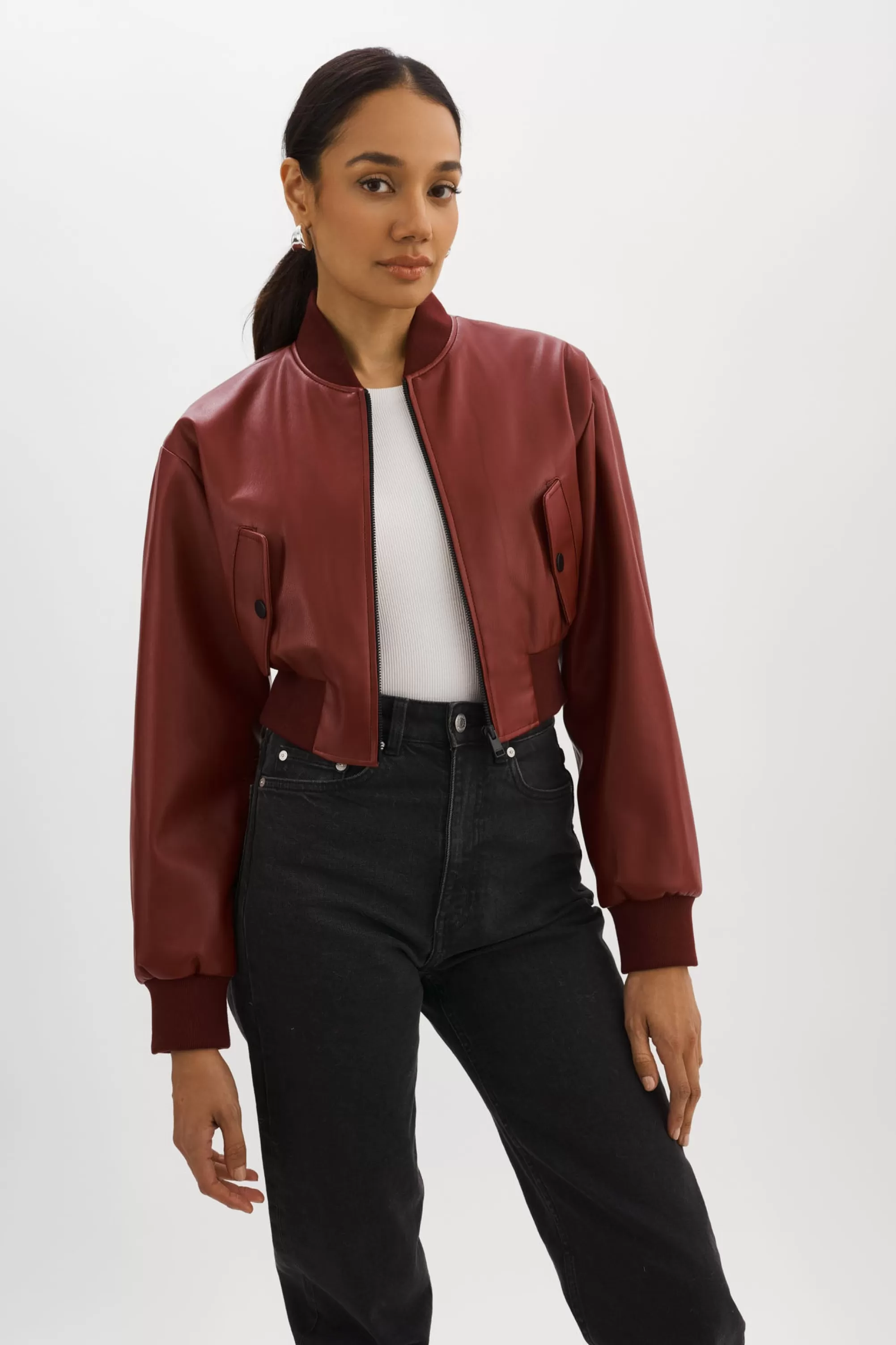 New LAMARQUE EVELIN | Faux Leather Cropped Bomber Syrah