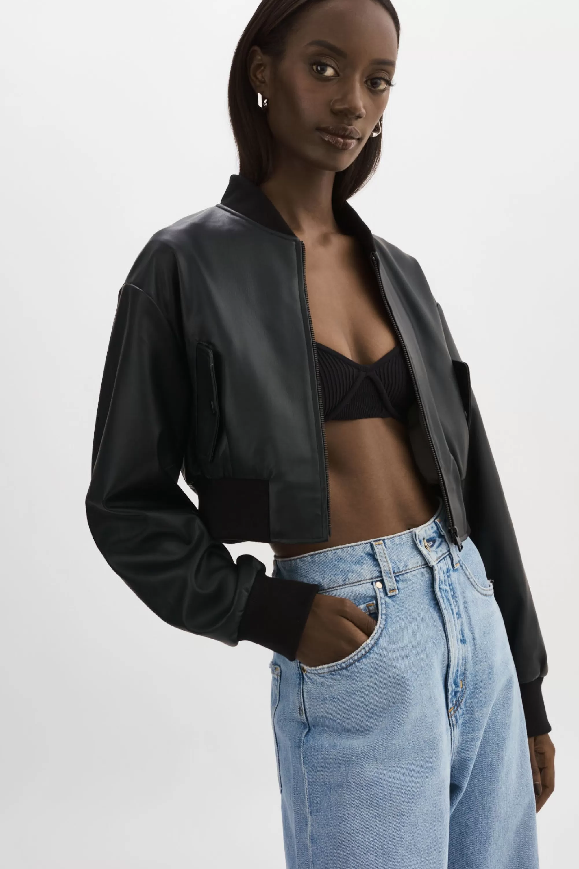 Discount LAMARQUE EVELIN | Faux Leather Cropped Bomber Black