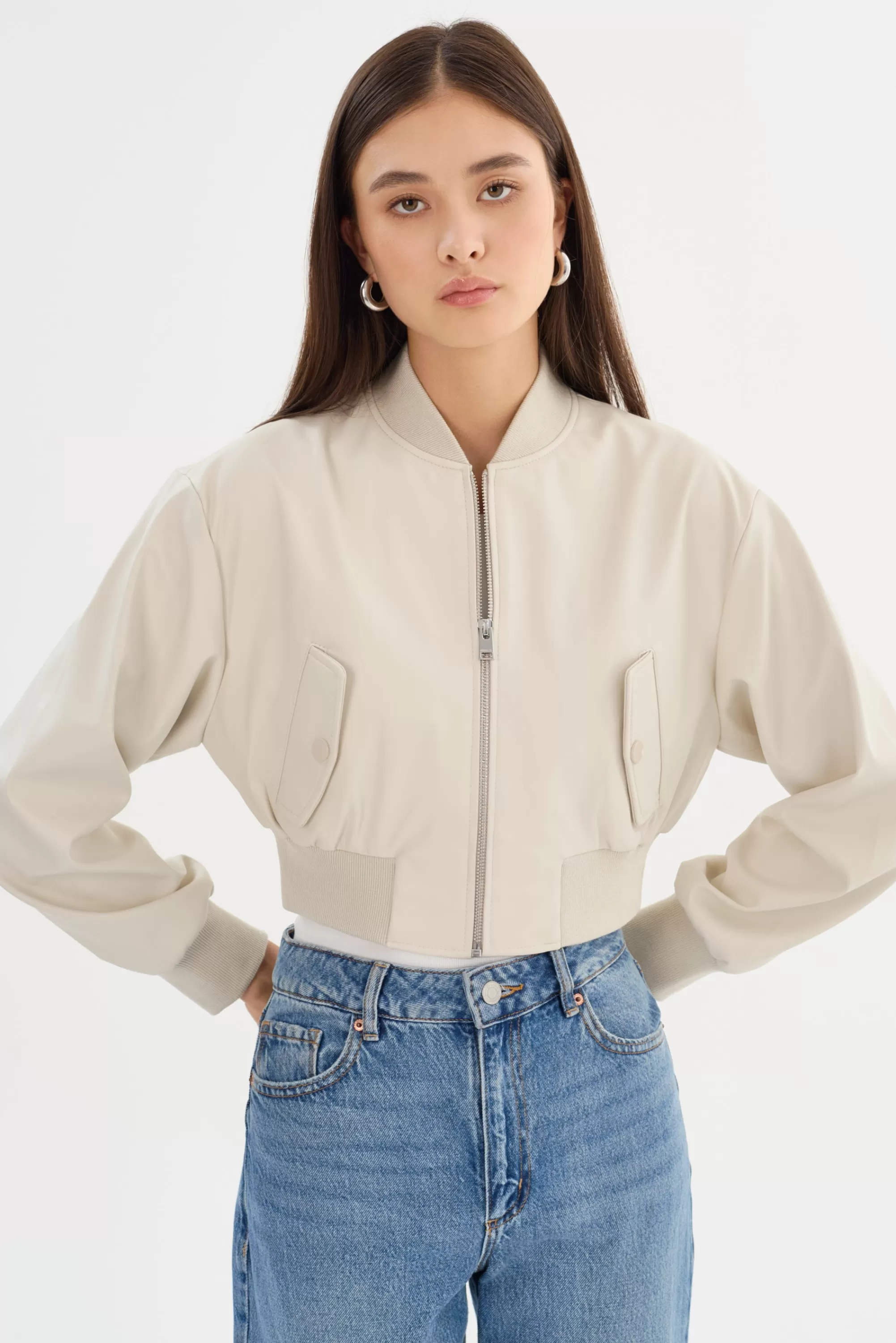 Hot LAMARQUE EVELIN | Faux Leather Cropped Bomber Bone