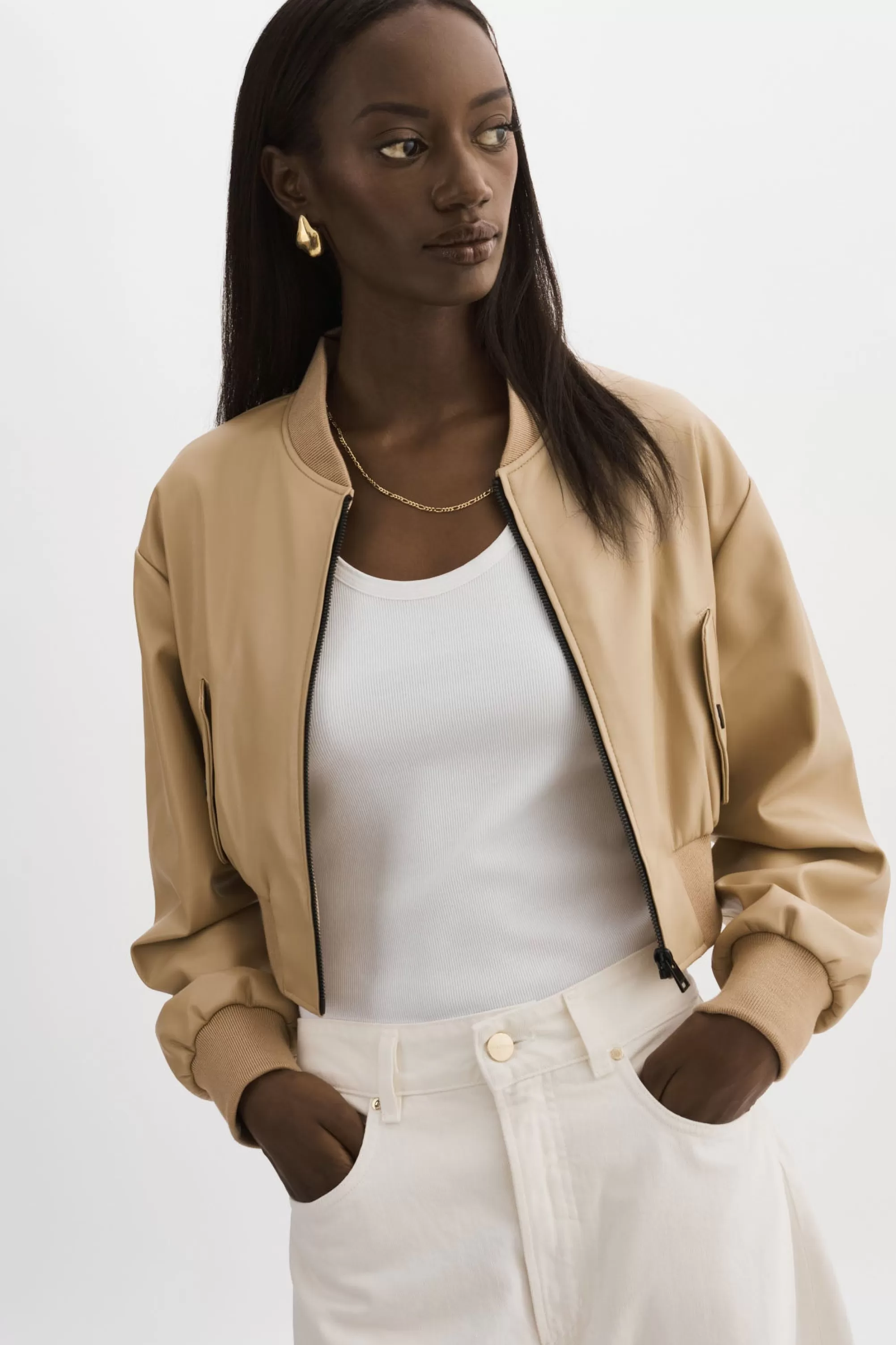 Shop LAMARQUE EVELIN | Faux Leather Cropped Bomber Wheat