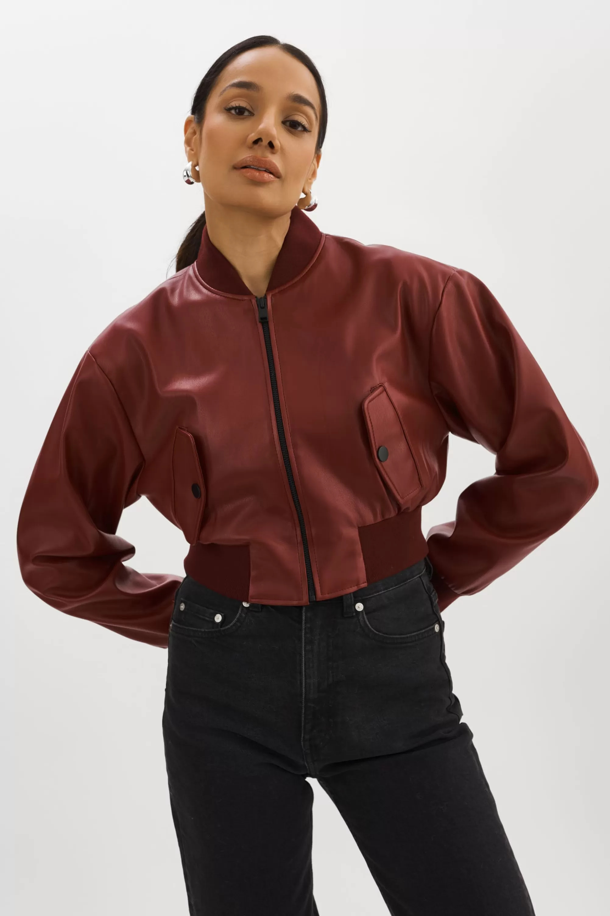 New LAMARQUE EVELIN | Faux Leather Cropped Bomber Syrah