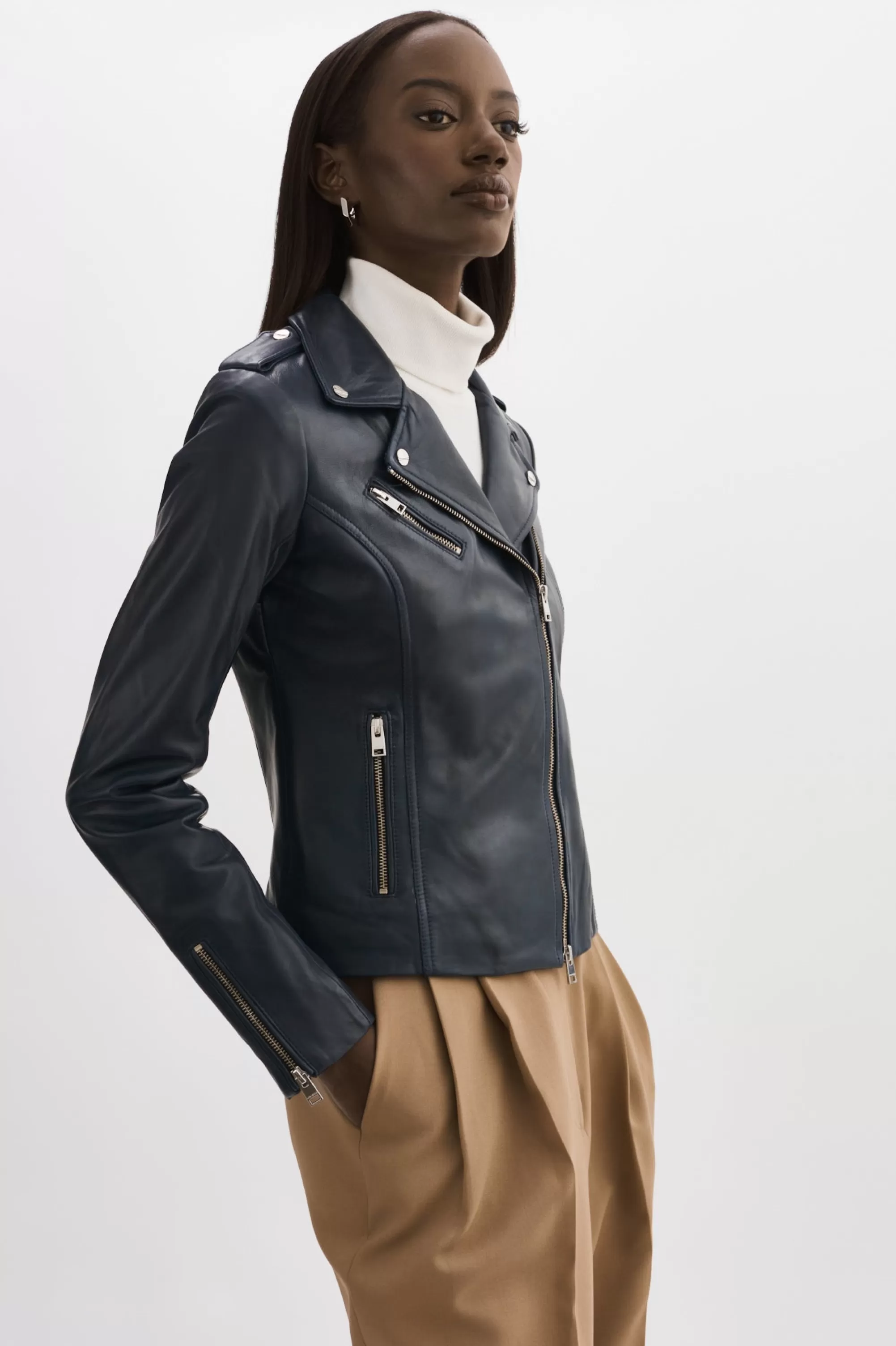 Clearance LAMARQUE HARPER | Fitted Leather Biker Jacket Navy