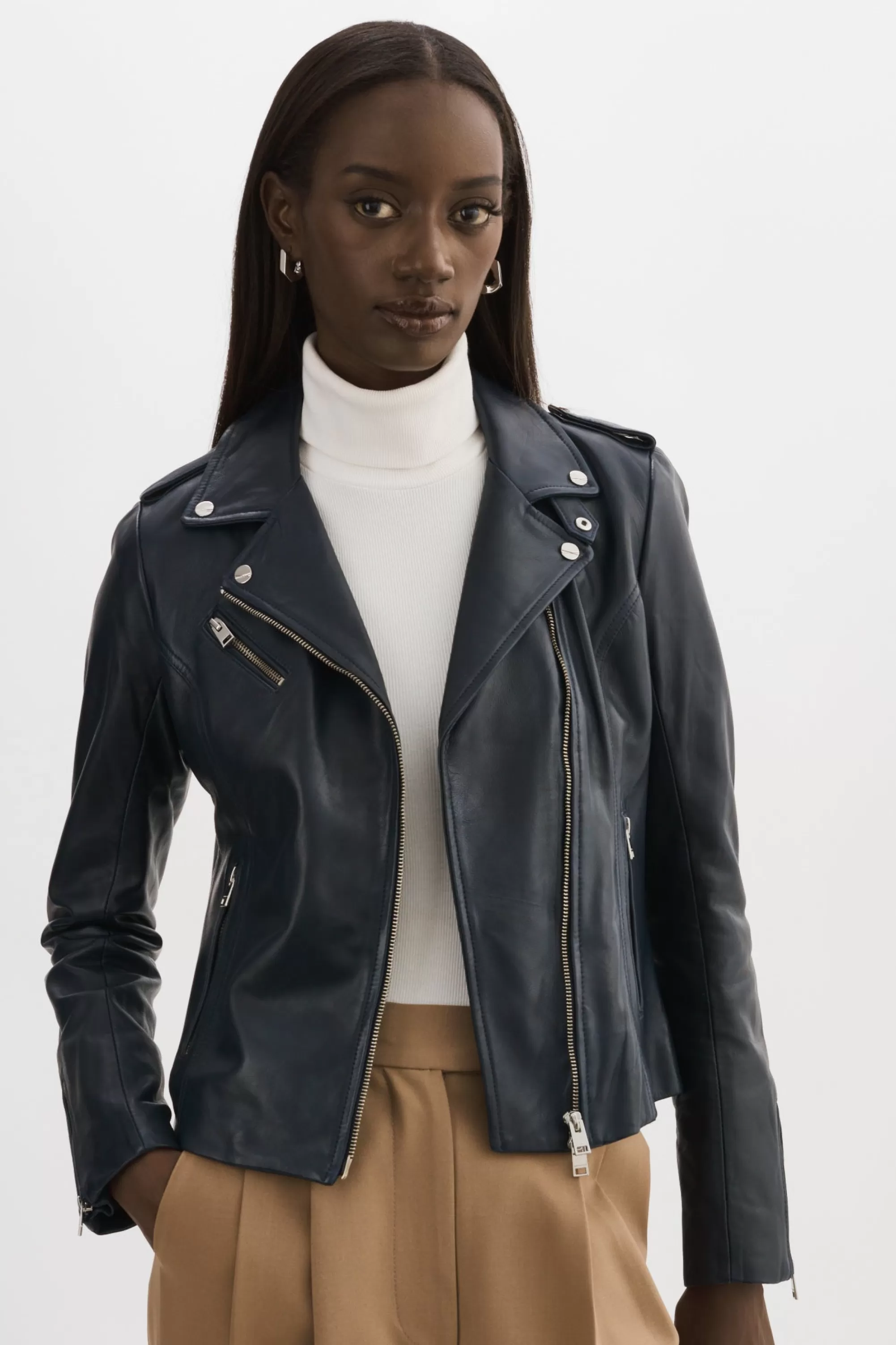 Clearance LAMARQUE HARPER | Fitted Leather Biker Jacket Navy