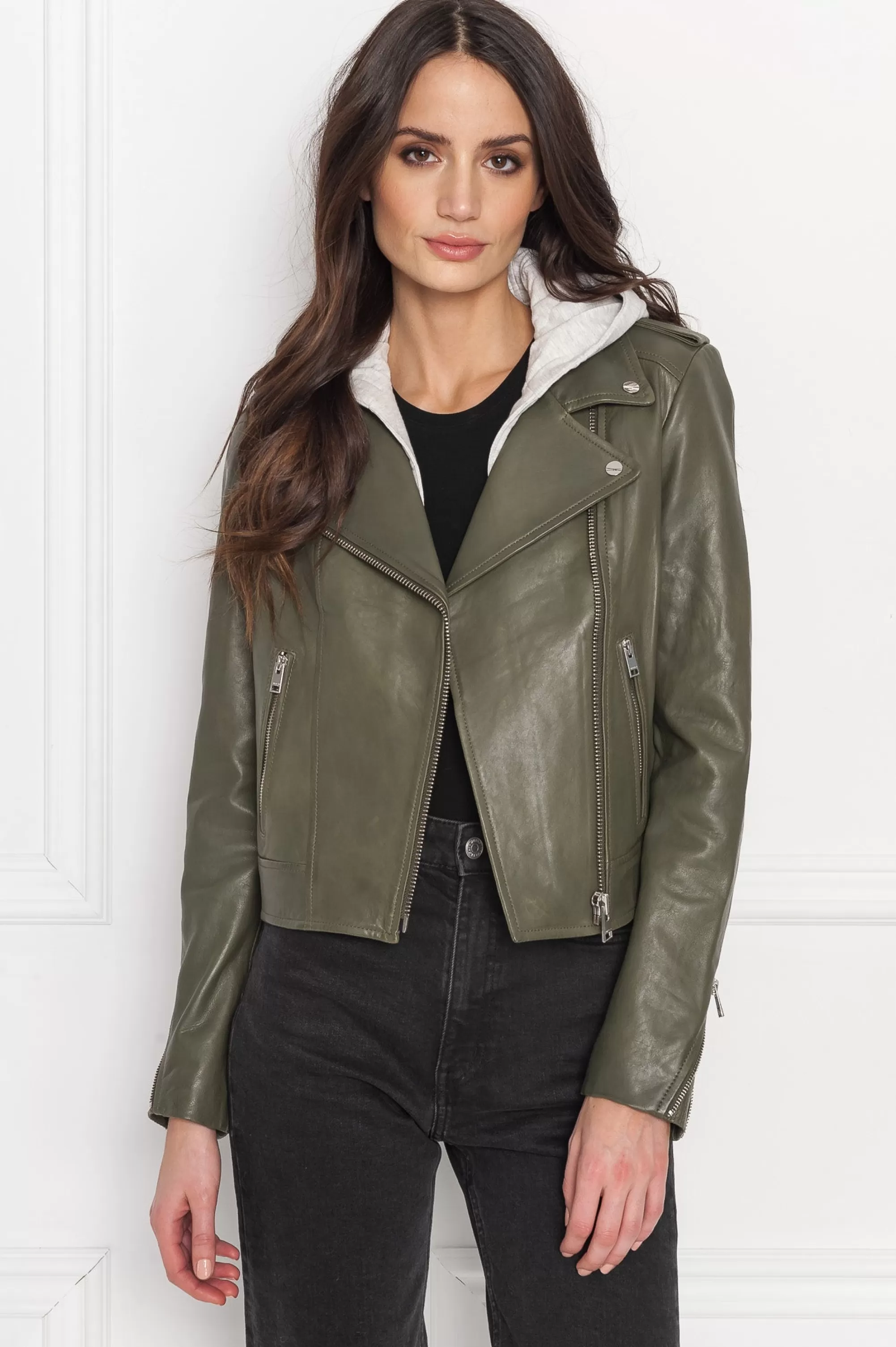 Clearance LAMARQUE HOLY | Leather Biker Jacket With Removable Hood Dusty Olive