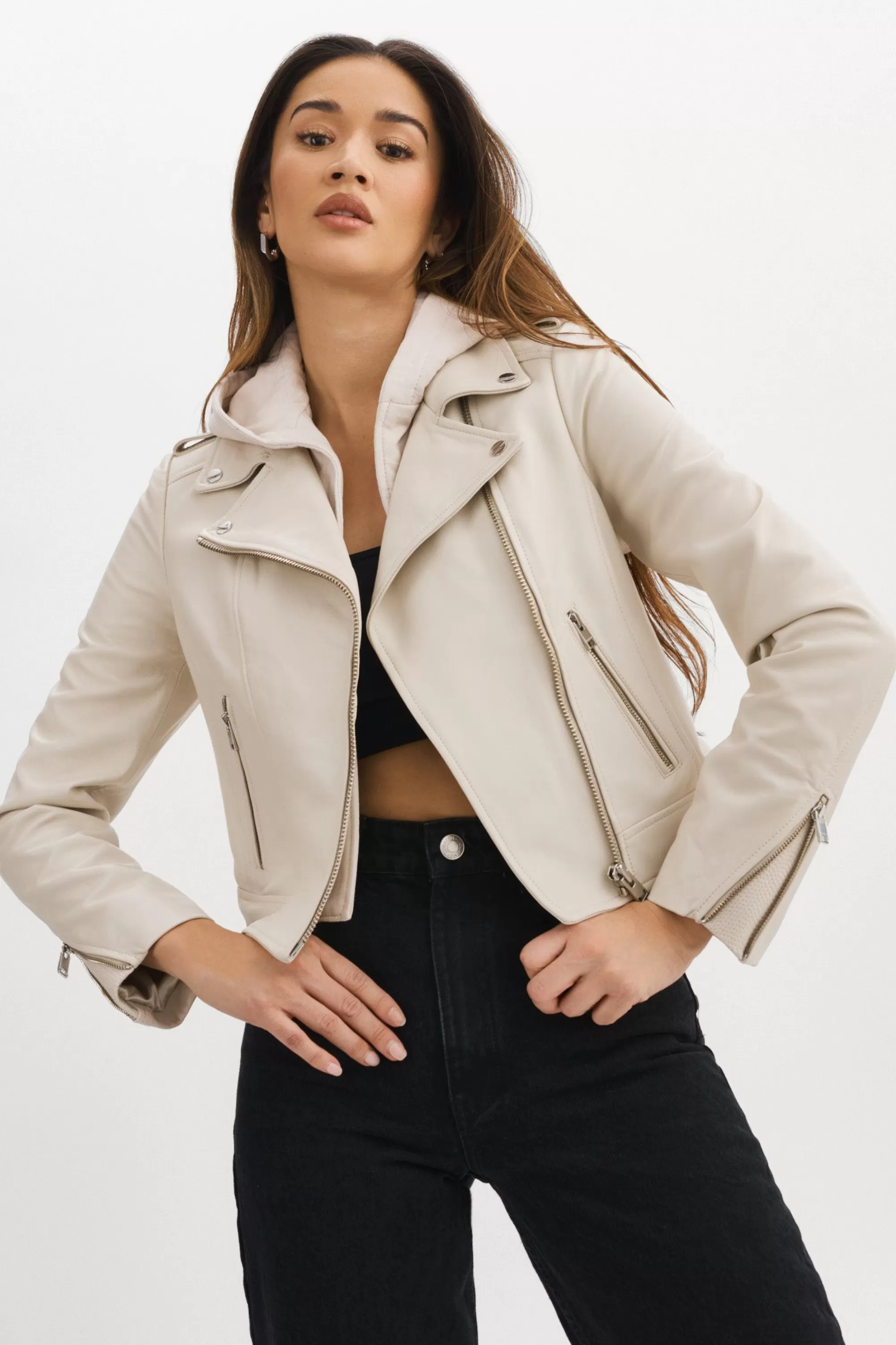 Flash Sale LAMARQUE HOLY | Leather Biker Jacket With Removable Hood Bone