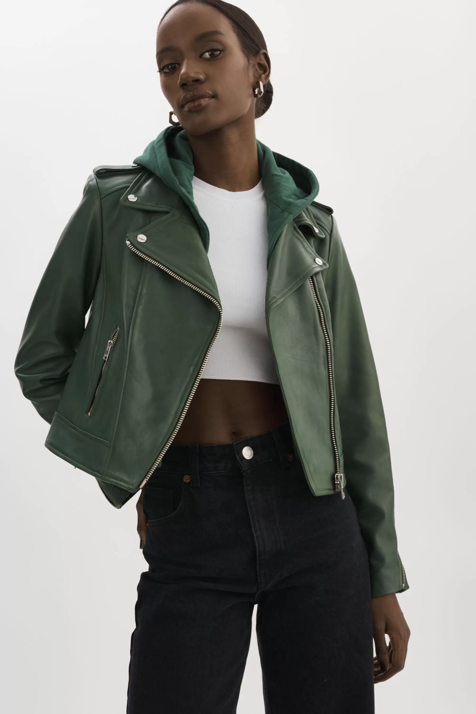 Flash Sale LAMARQUE HOLY | Leather Biker Jacket With Removable Hood Alpine Green