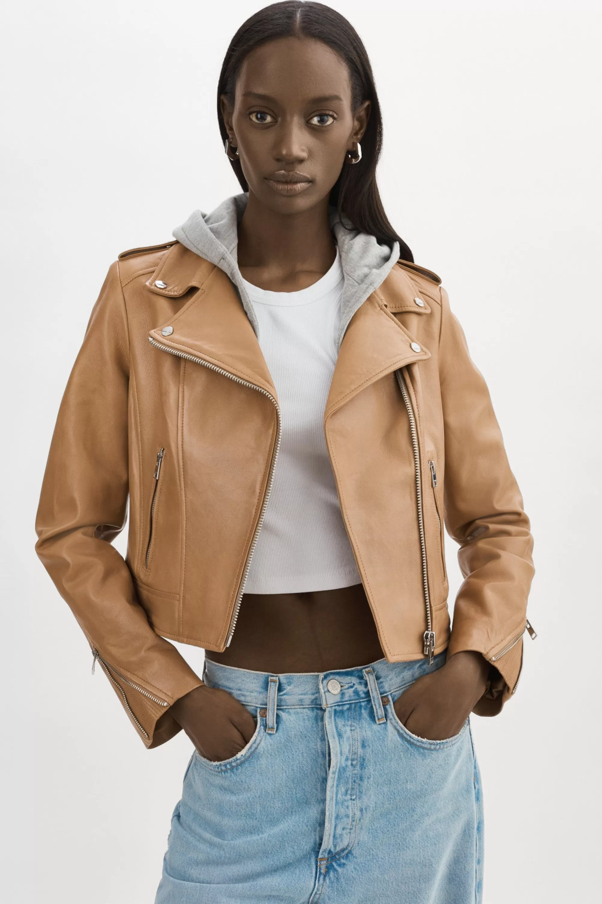 Clearance LAMARQUE HOLY | Leather Biker Jacket With Removable Hood Sesame