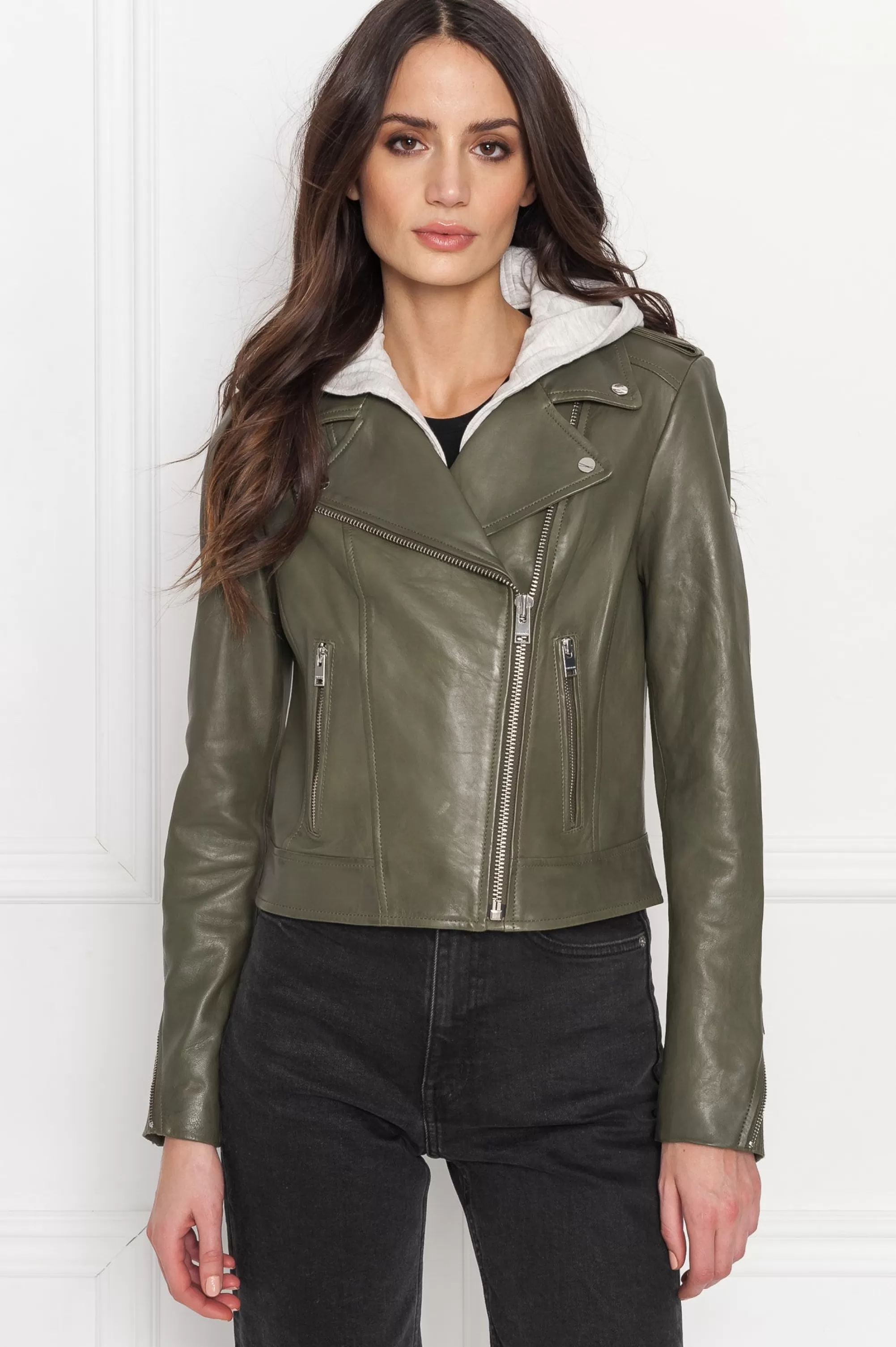 Clearance LAMARQUE HOLY | Leather Biker Jacket With Removable Hood Dusty Olive