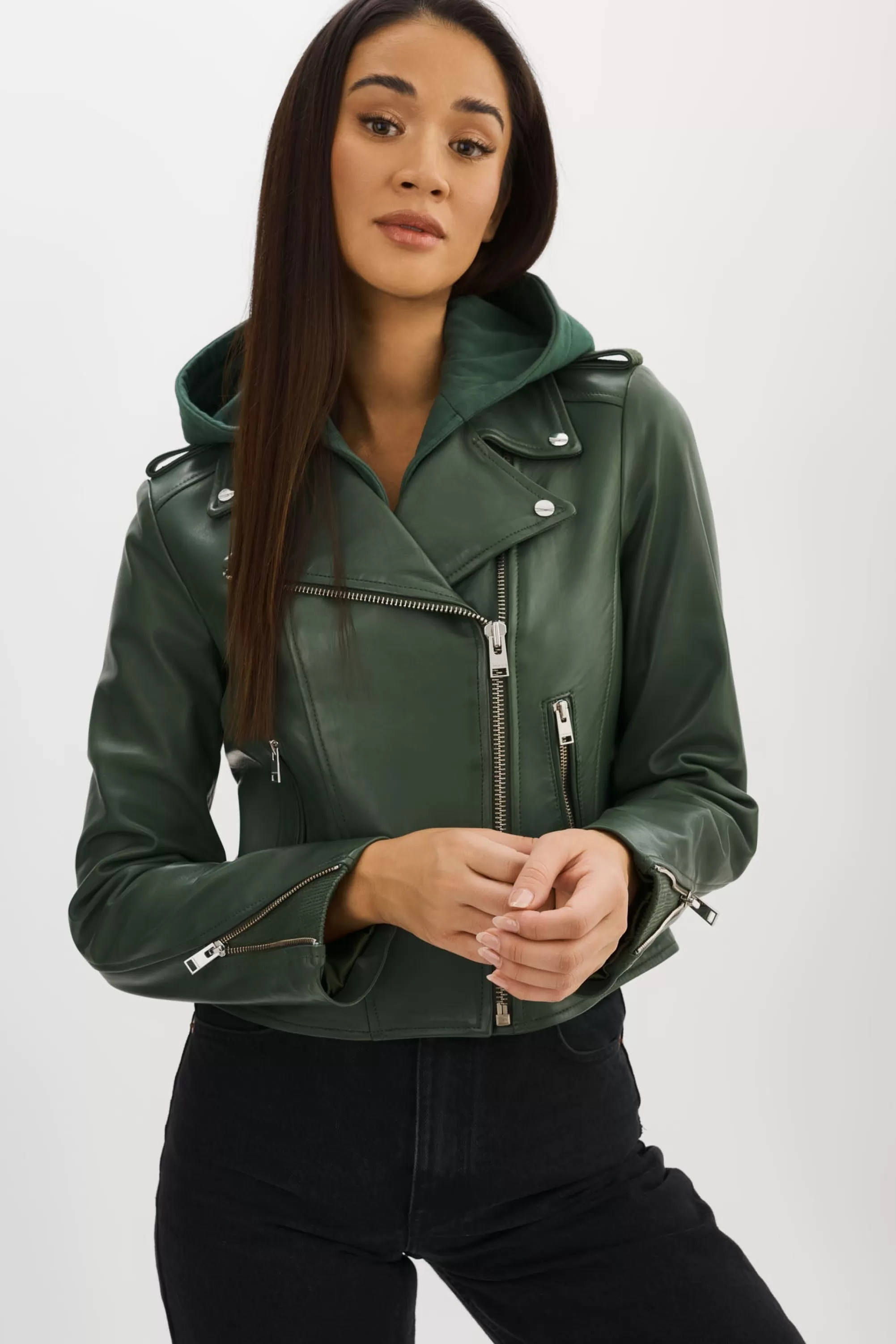 Flash Sale LAMARQUE HOLY | Leather Biker Jacket With Removable Hood Alpine Green