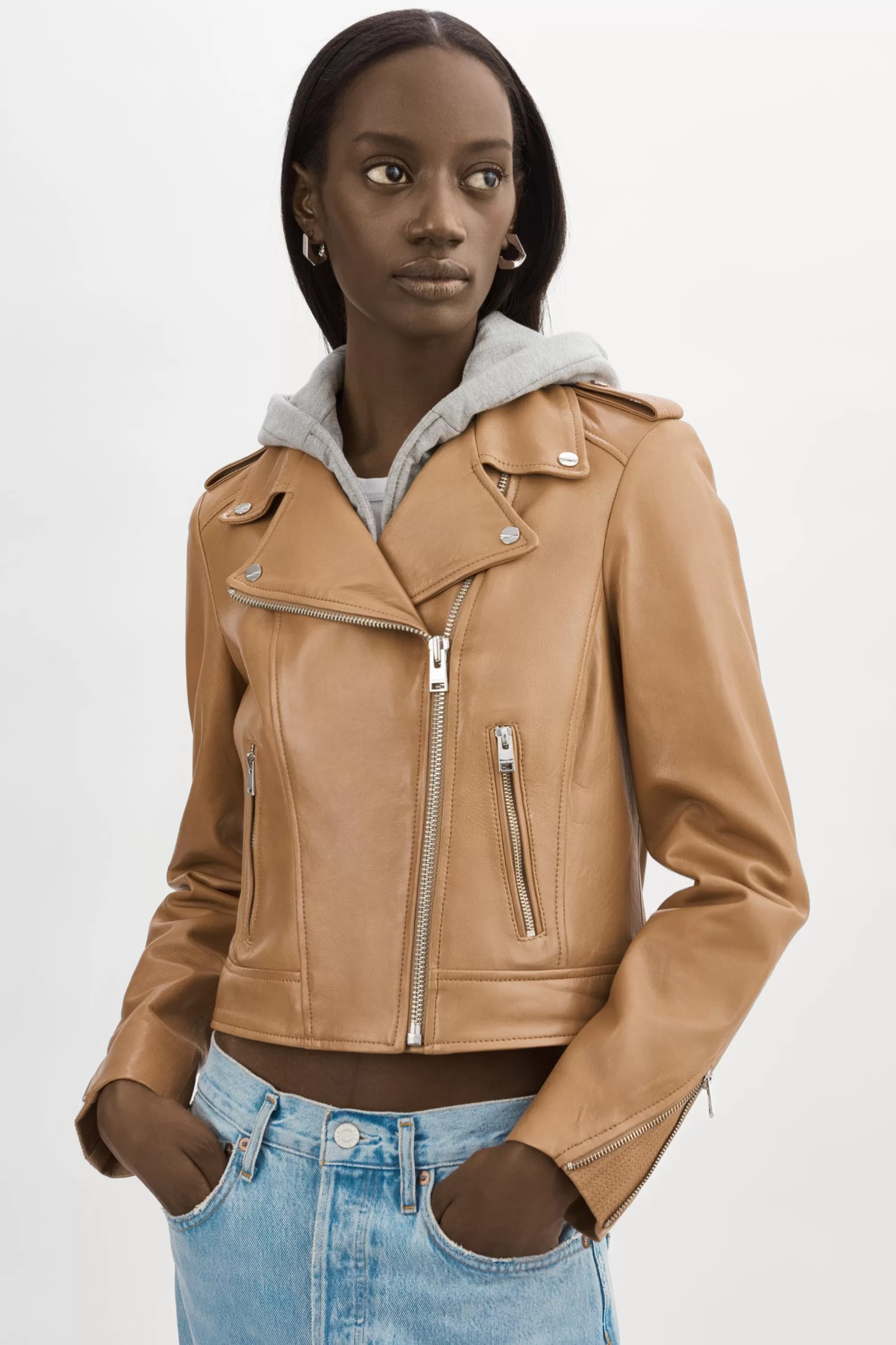 Clearance LAMARQUE HOLY | Leather Biker Jacket With Removable Hood Sesame