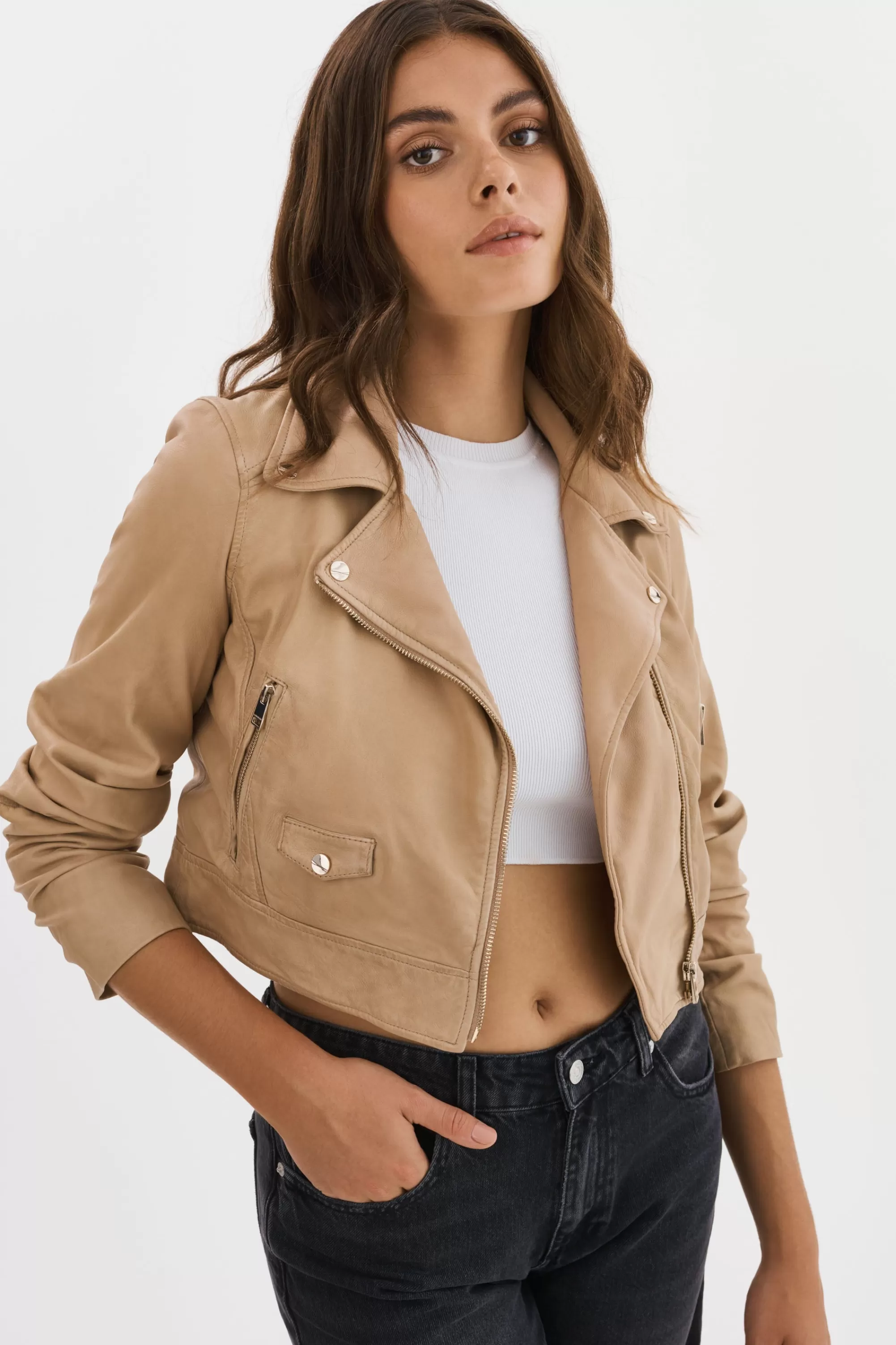 Sale LAMARQUE JANIKA | Cropped Leather Biker Jacket Wheat