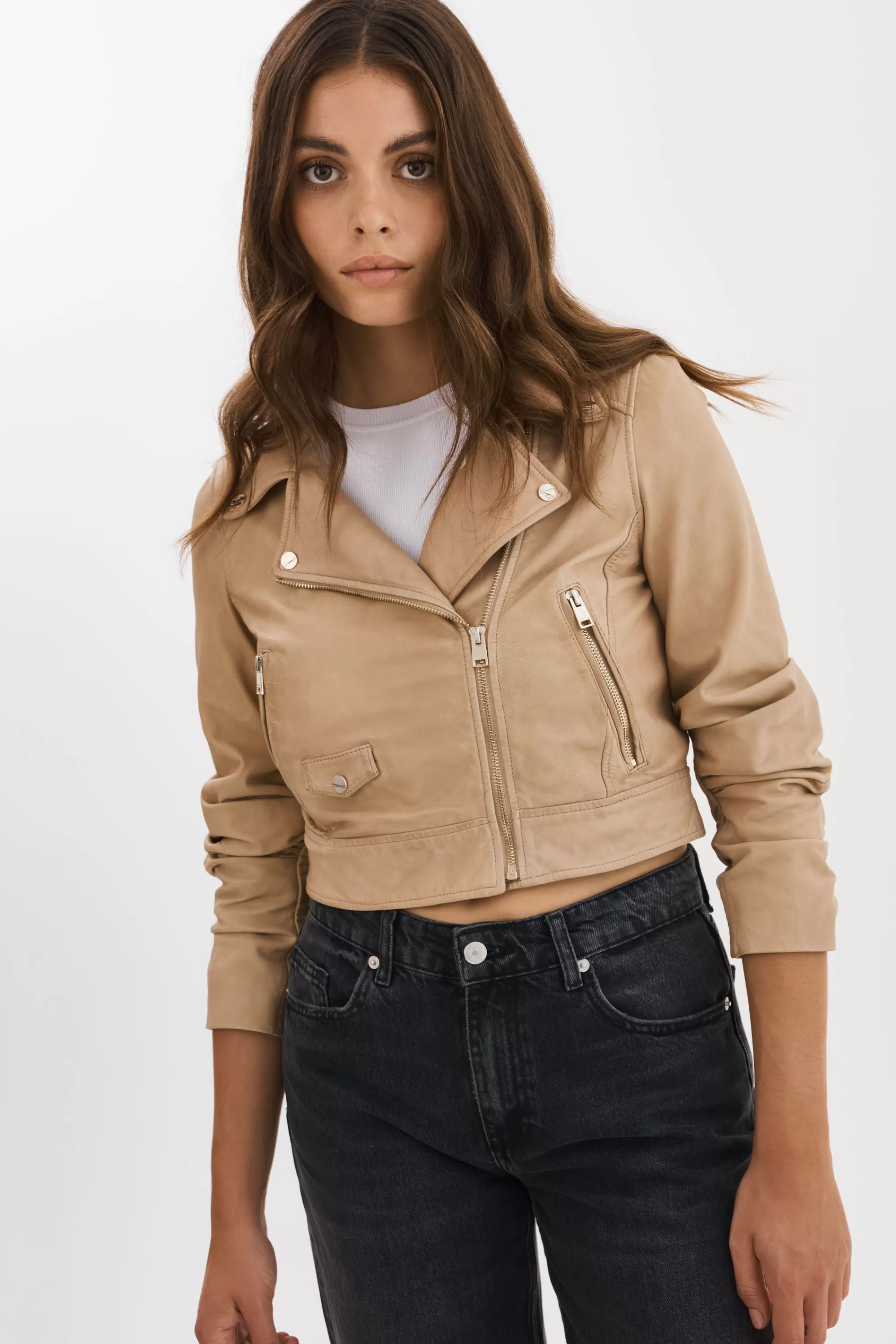 Sale LAMARQUE JANIKA | Cropped Leather Biker Jacket Wheat